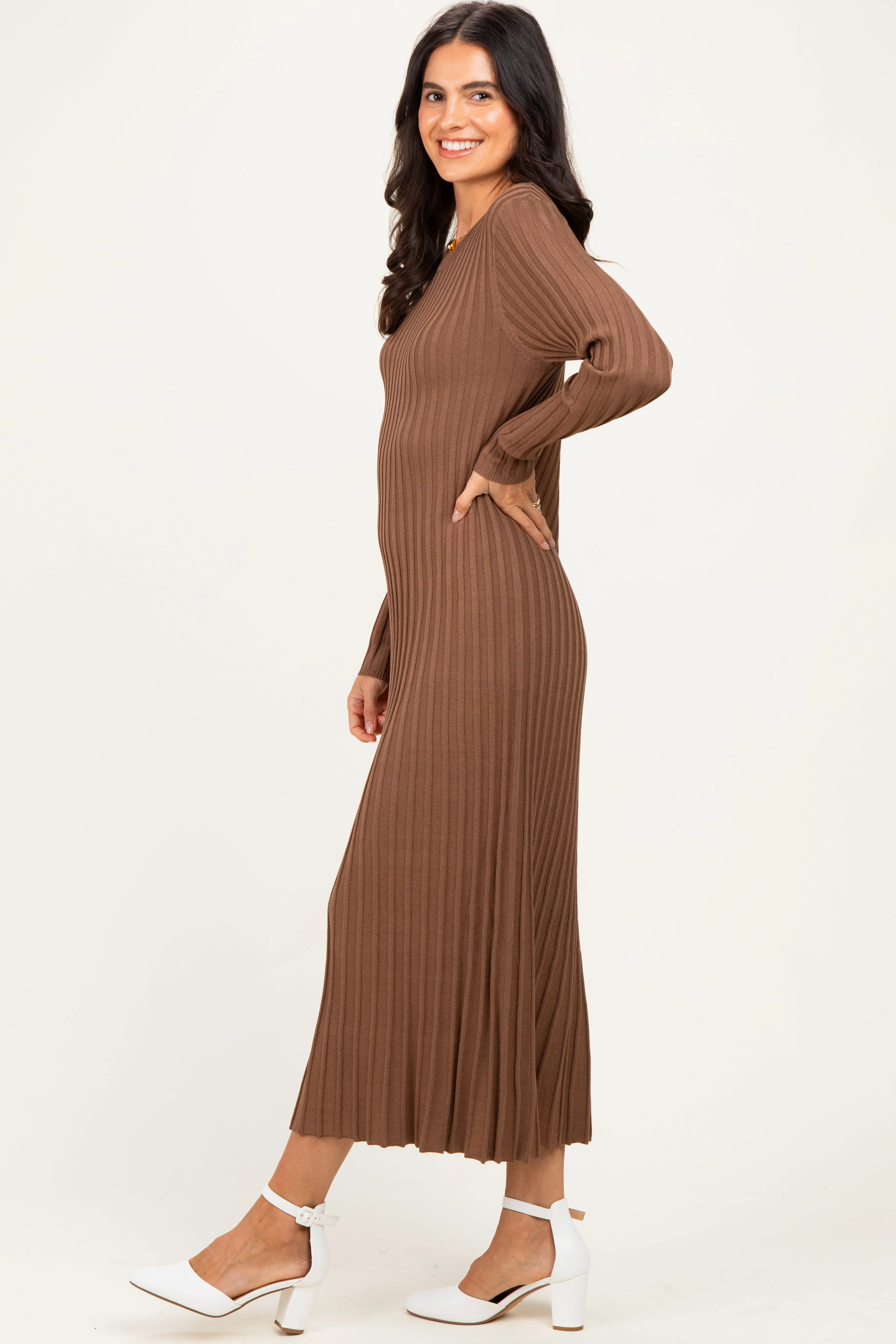 Mocha Ribbed Long Sleeve Sweater Midi Dress sold by Pinkblush product image thumbnail 3