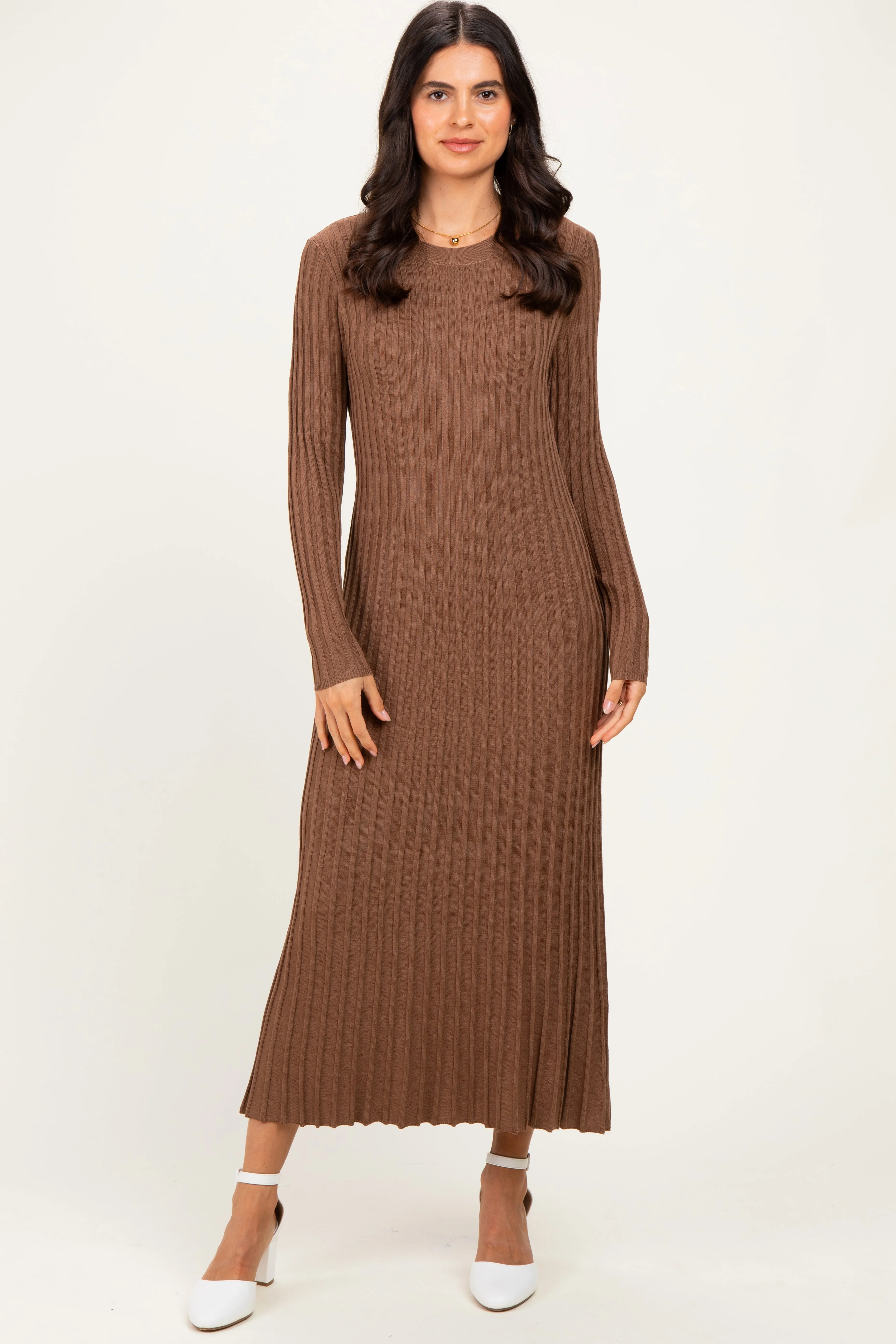 Mocha Ribbed Long Sleeve Sweater Midi Dress sold by Pinkblush