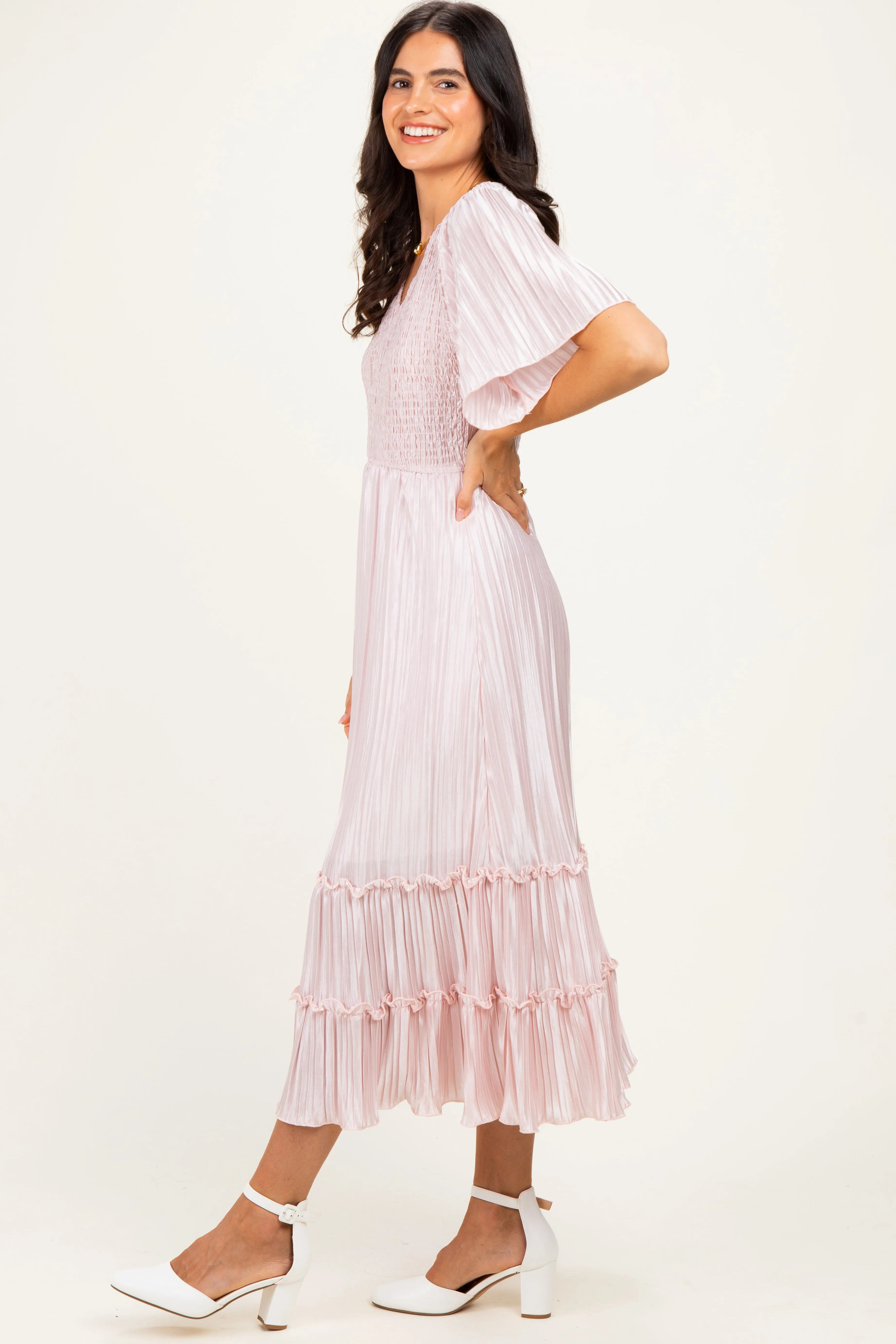 Pink Pleated Satin Smocked Midi Dress sold by Pinkblush product image thumbnail 3