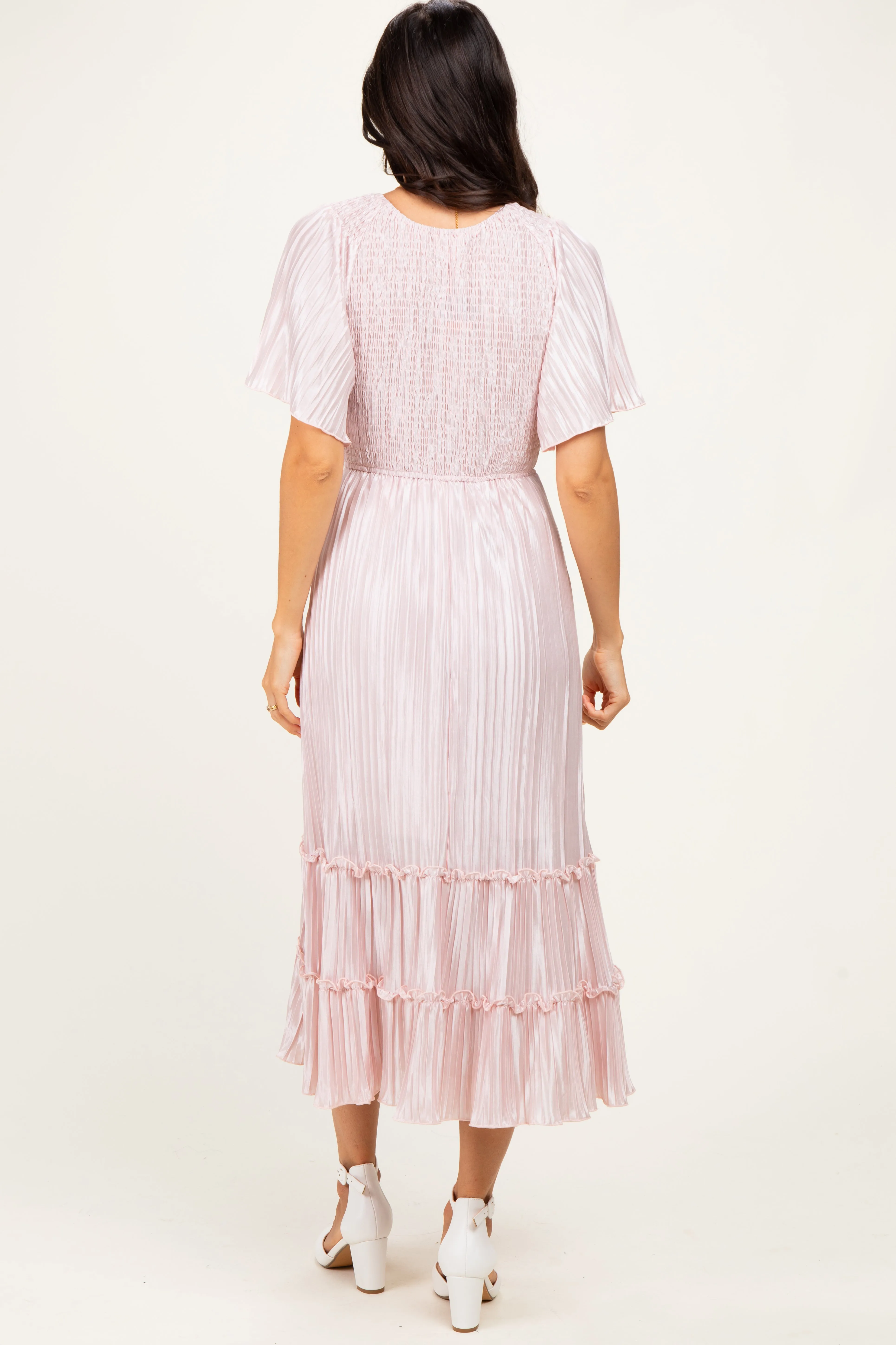 Pink Pleated Satin Smocked Midi Dress sold by Pinkblush product image thumbnail 4