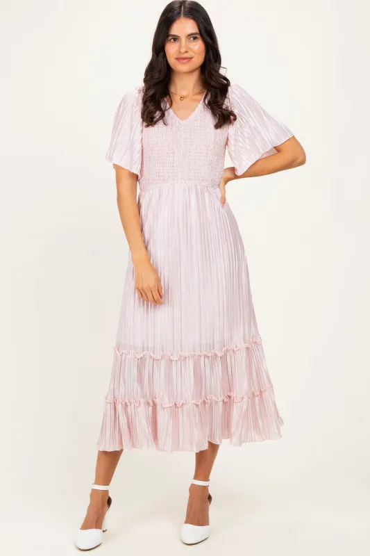 Pink Pleated Satin Smocked Midi Dress made by Pinkblush