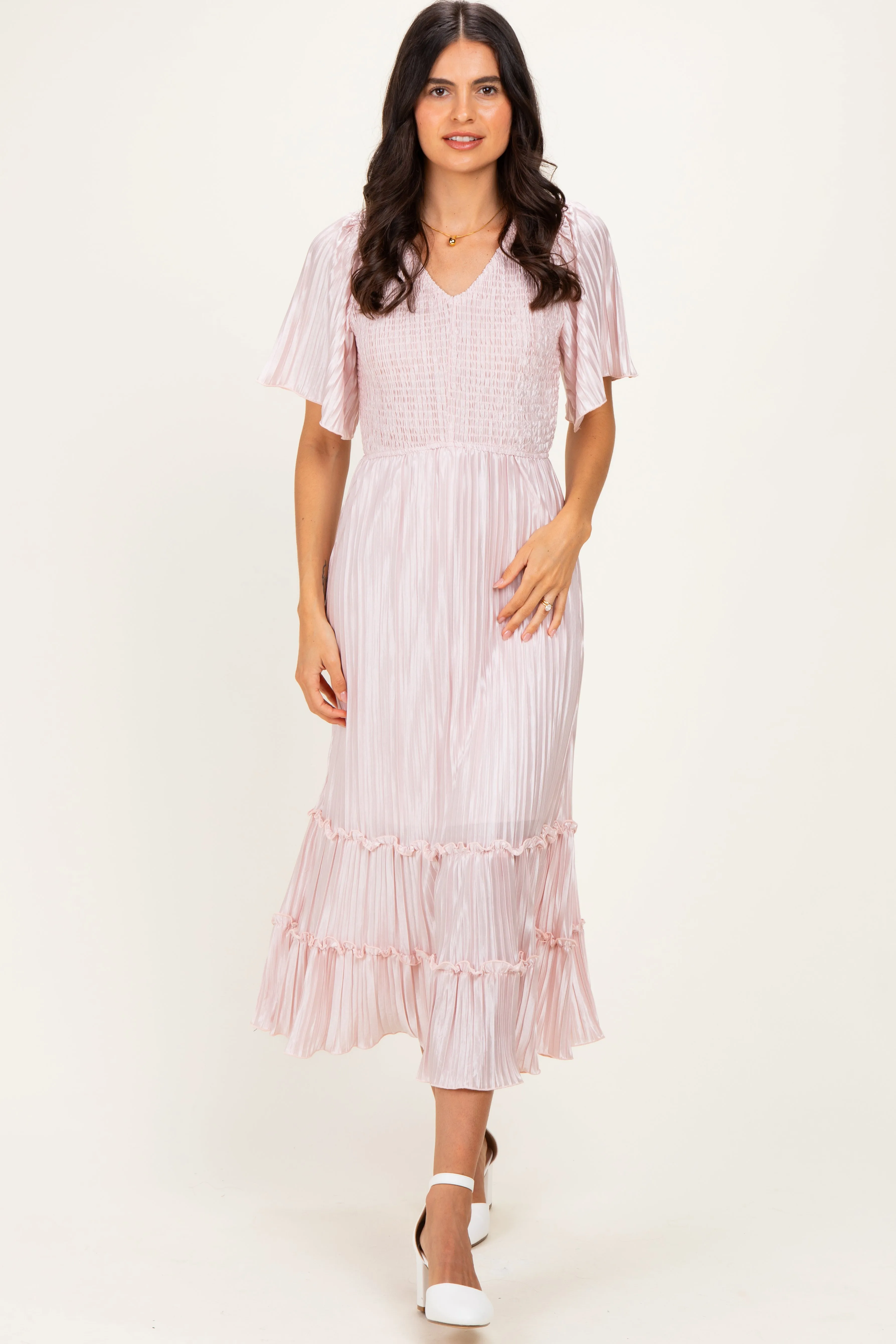 Pink Pleated Satin Smocked Midi Dress sold by Pinkblush product image thumbnail 2