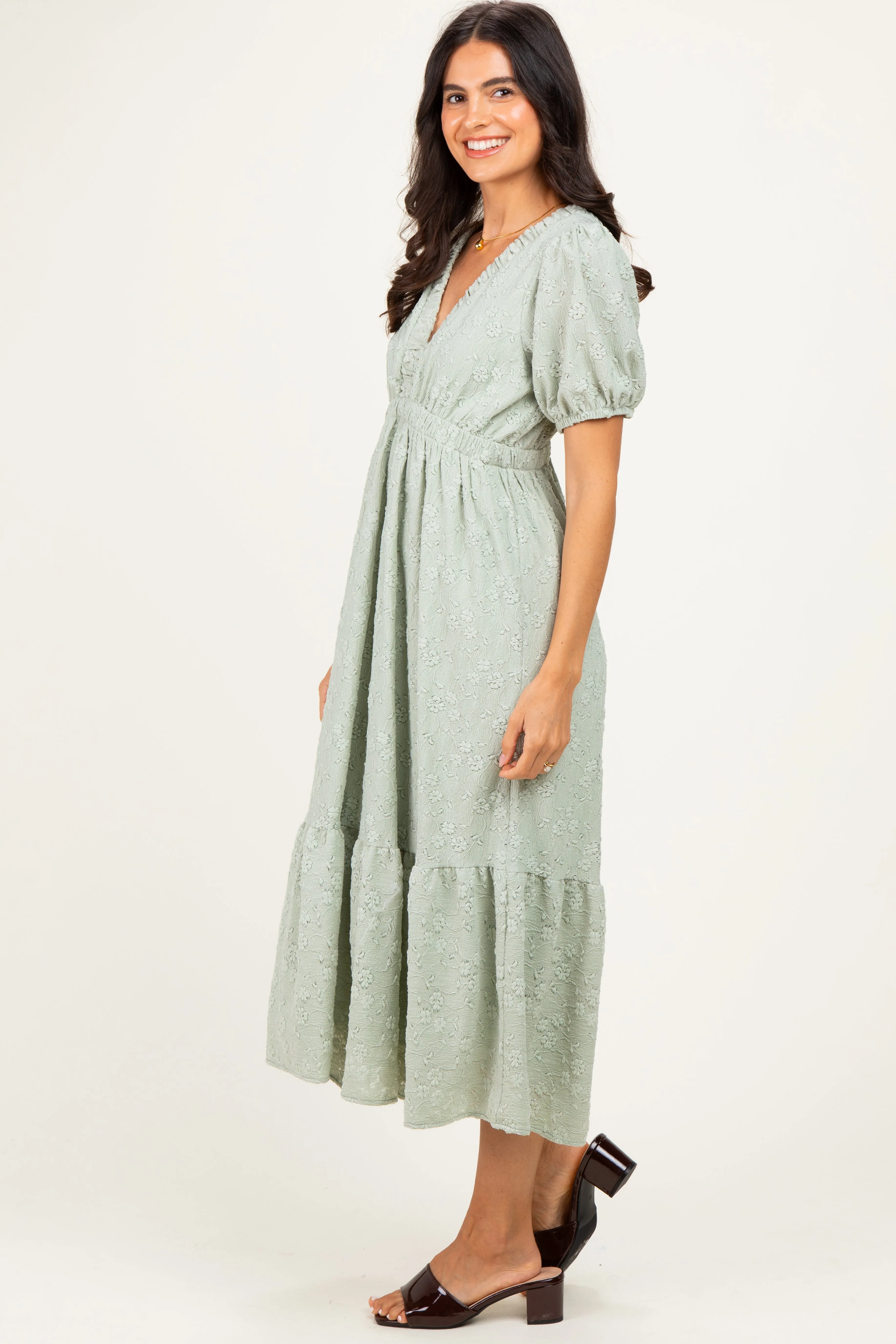 Sage Lace V-Neck Puff Sleeve Maxi Dress sold by Pinkblush product image thumbnail 3