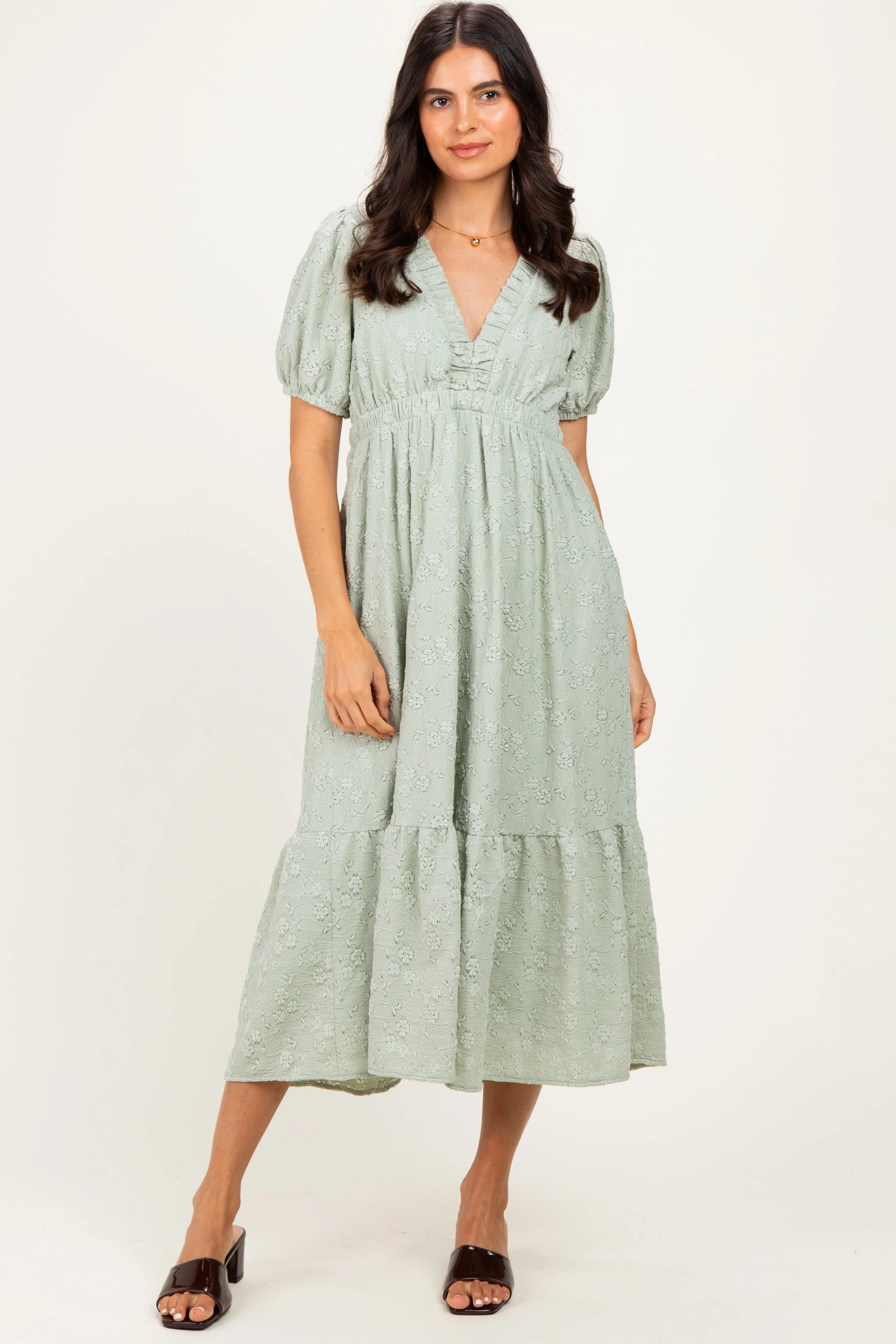 Sage Lace V-Neck Puff Sleeve Maxi Dress sold by Pinkblush