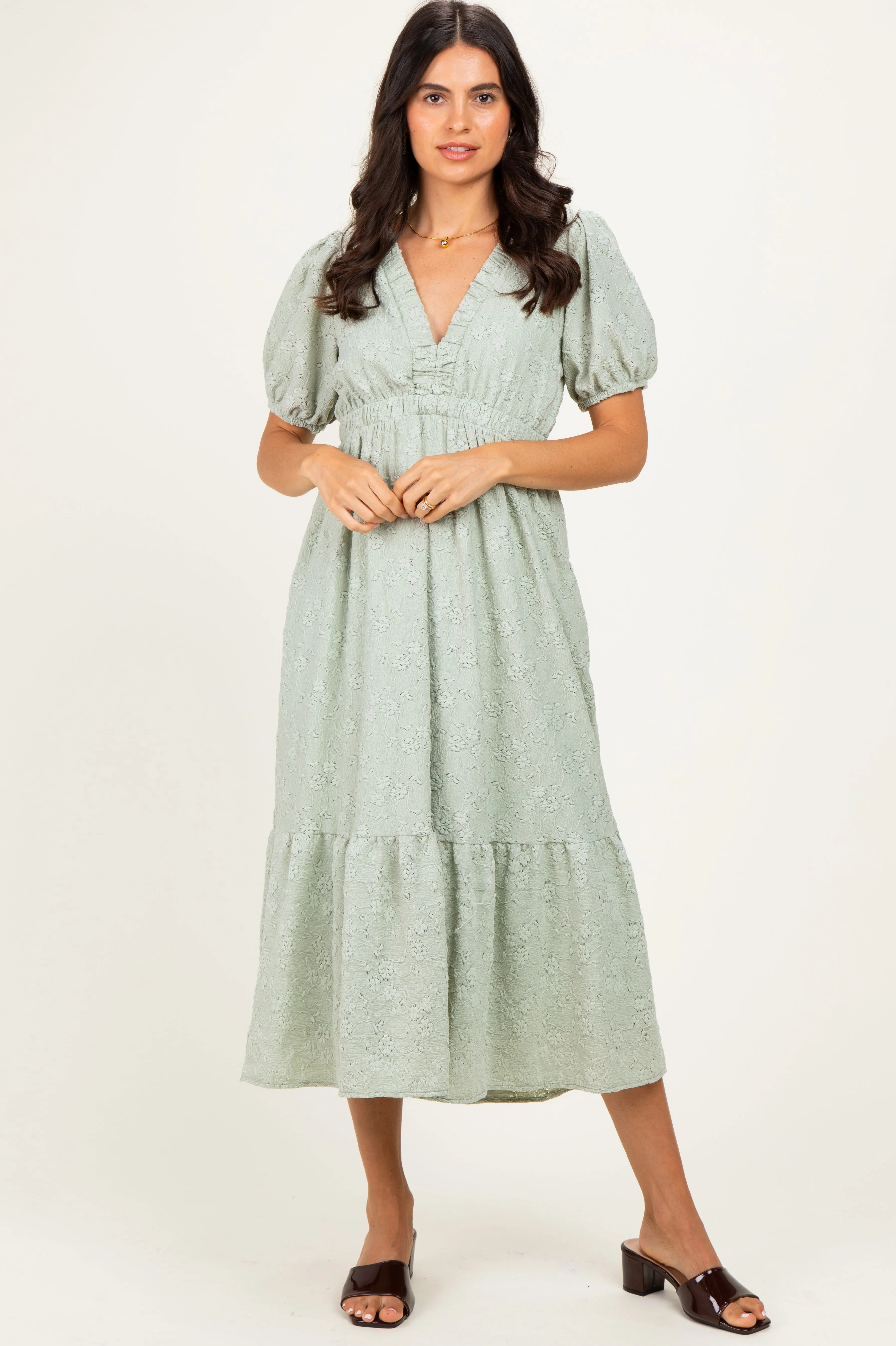 Sage Lace V-Neck Puff Sleeve Maxi Dress sold by Pinkblush product image thumbnail 2
