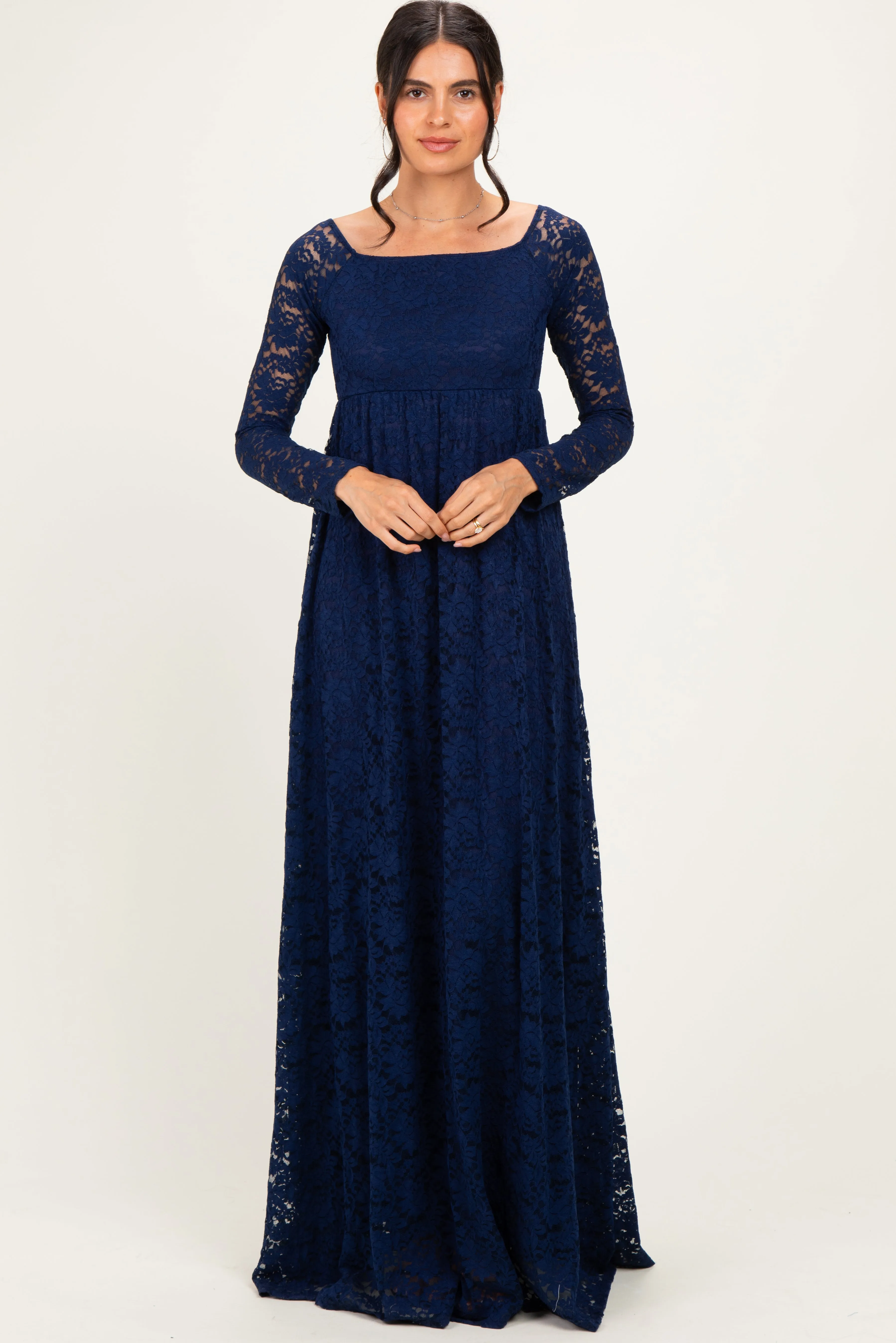 Navy Floral Lace Long Sleeve Off Shoulder Maxi Dress sold by Pinkblush