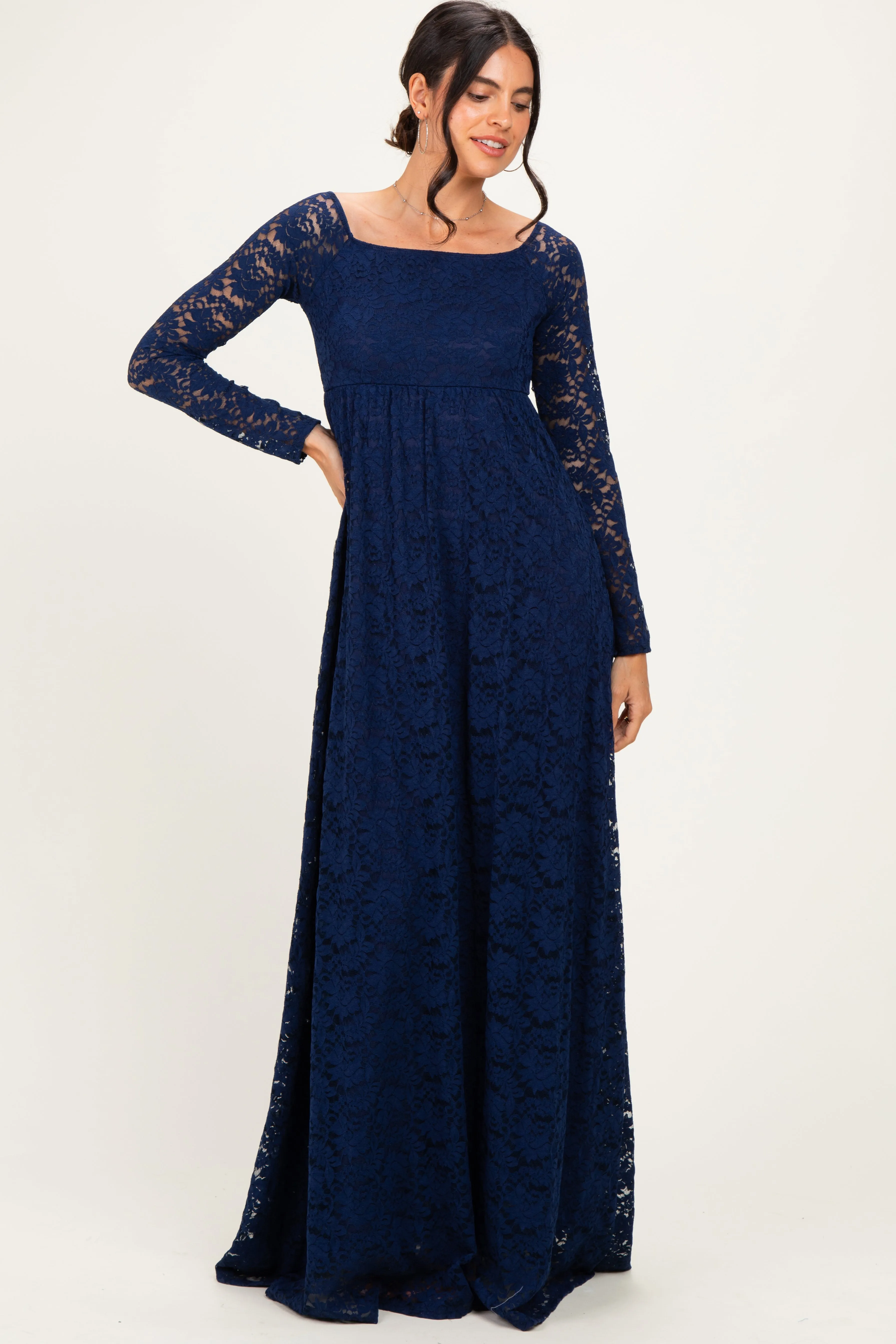 Navy Floral Lace Long Sleeve Off Shoulder Maxi Dress sold by Pinkblush product image thumbnail 2