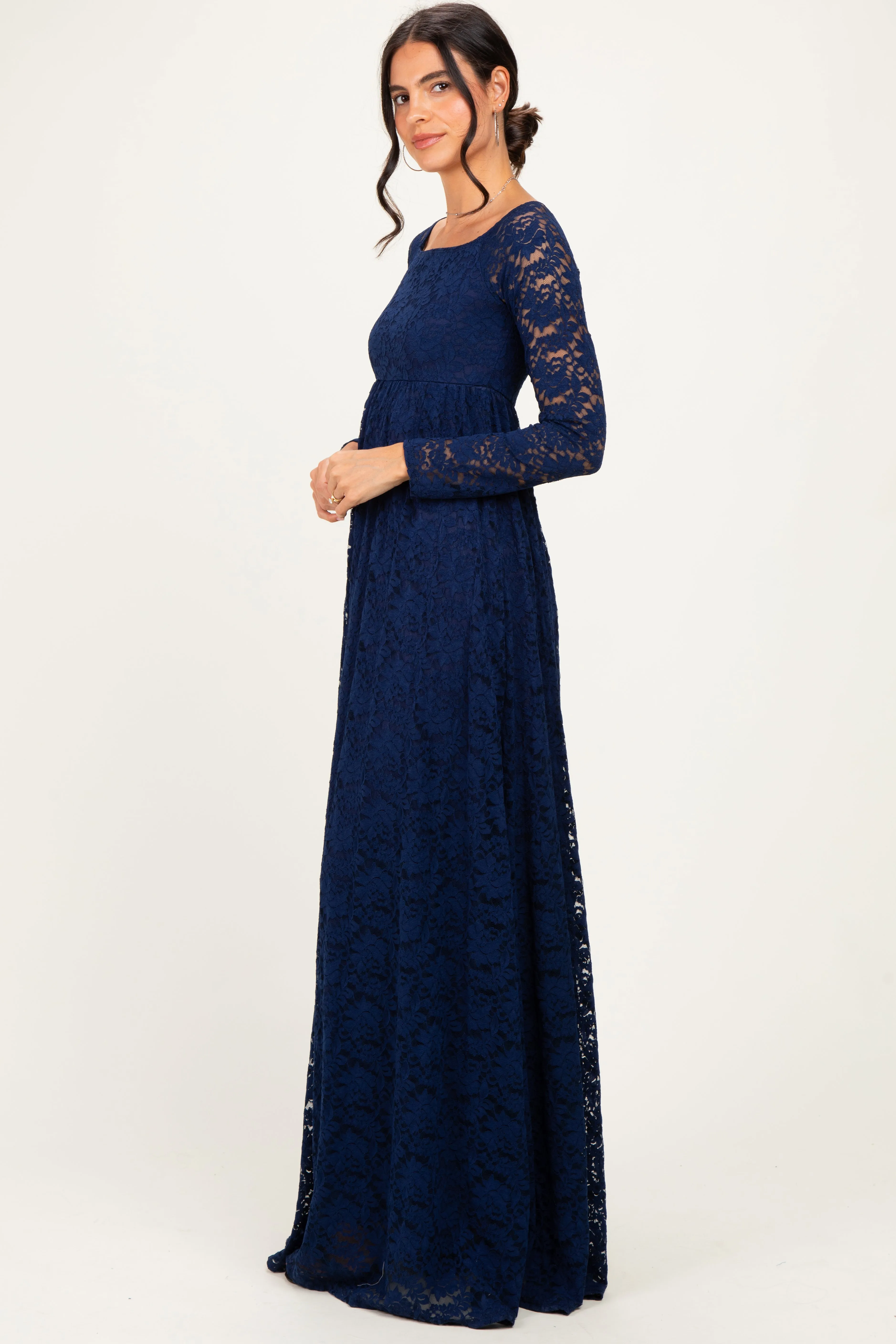 Navy Floral Lace Long Sleeve Off Shoulder Maxi Dress sold by Pinkblush product image thumbnail 3