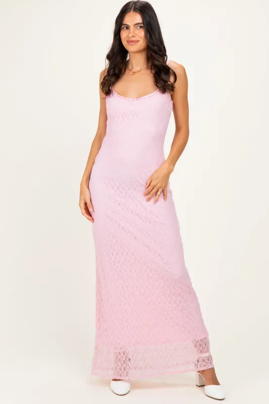 Pink Sleeveless Lace Square Neck Maxi Dress made by Pinkblush