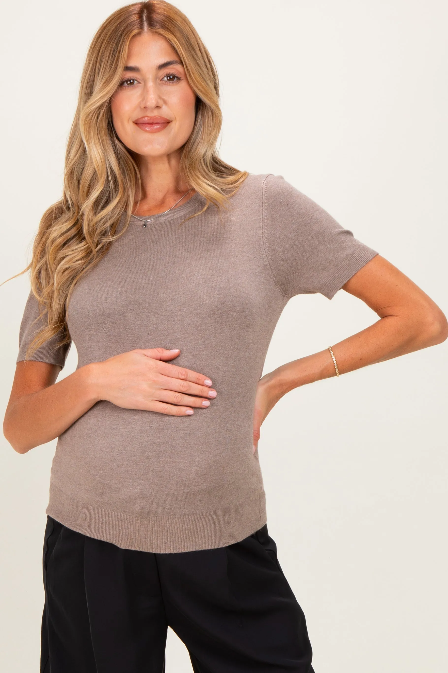 Heather Mocha Basic Short Sleeve Maternity Sweater Top sold by Pinkblush