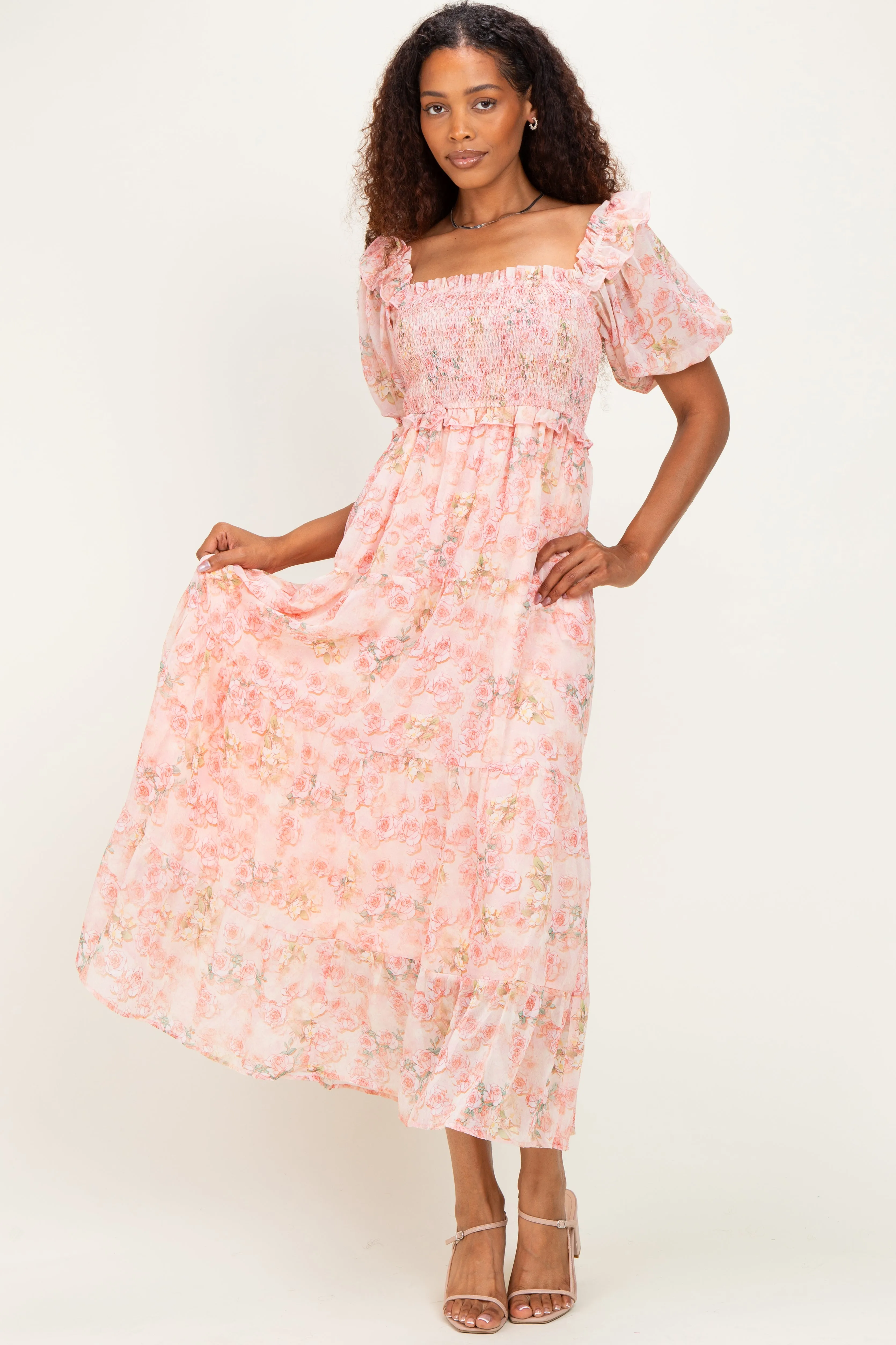 Pink Floral Chiffon Smocked Maxi Dress sold by Pinkblush