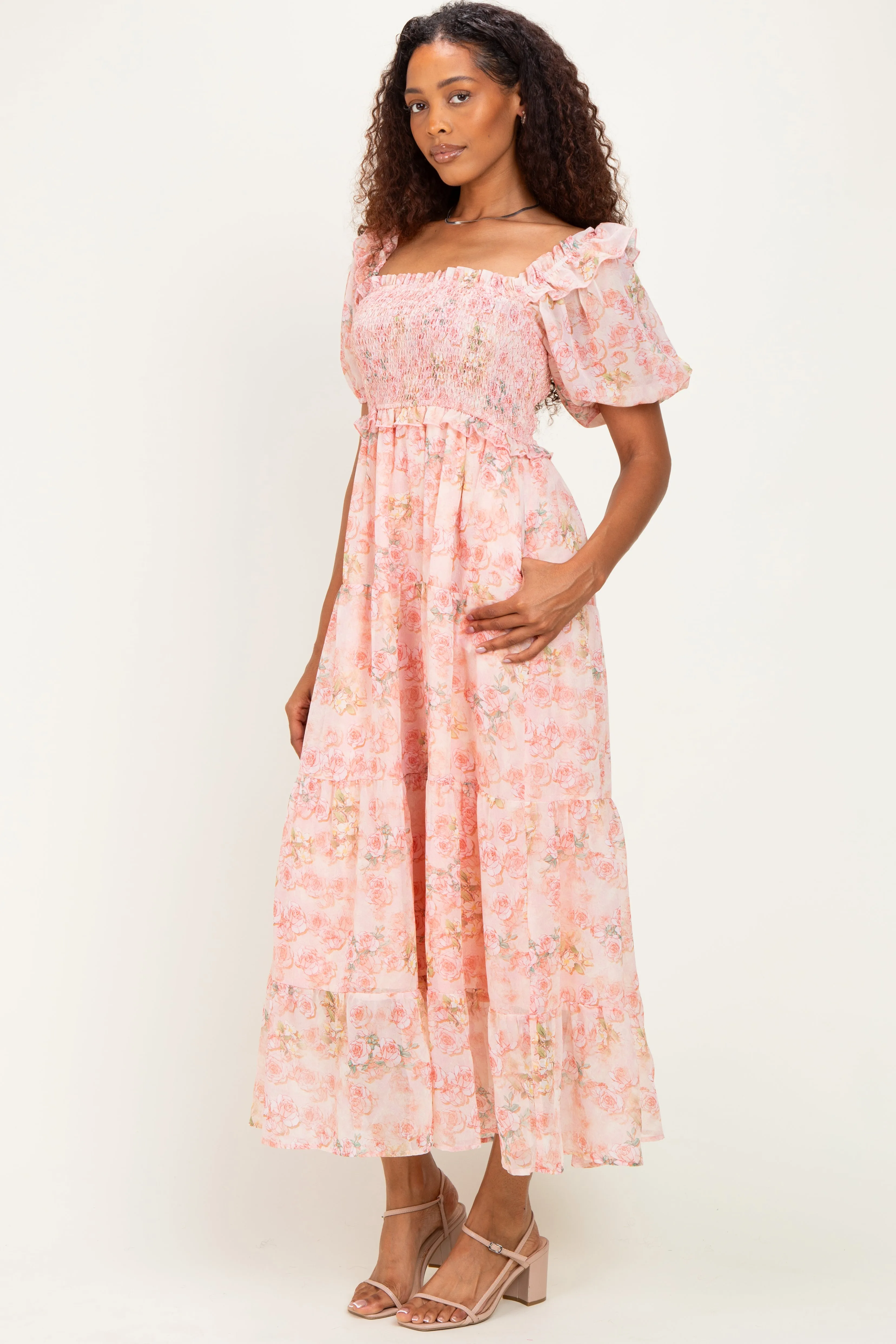 Pink Floral Chiffon Smocked Maxi Dress sold by Pinkblush product image thumbnail 2