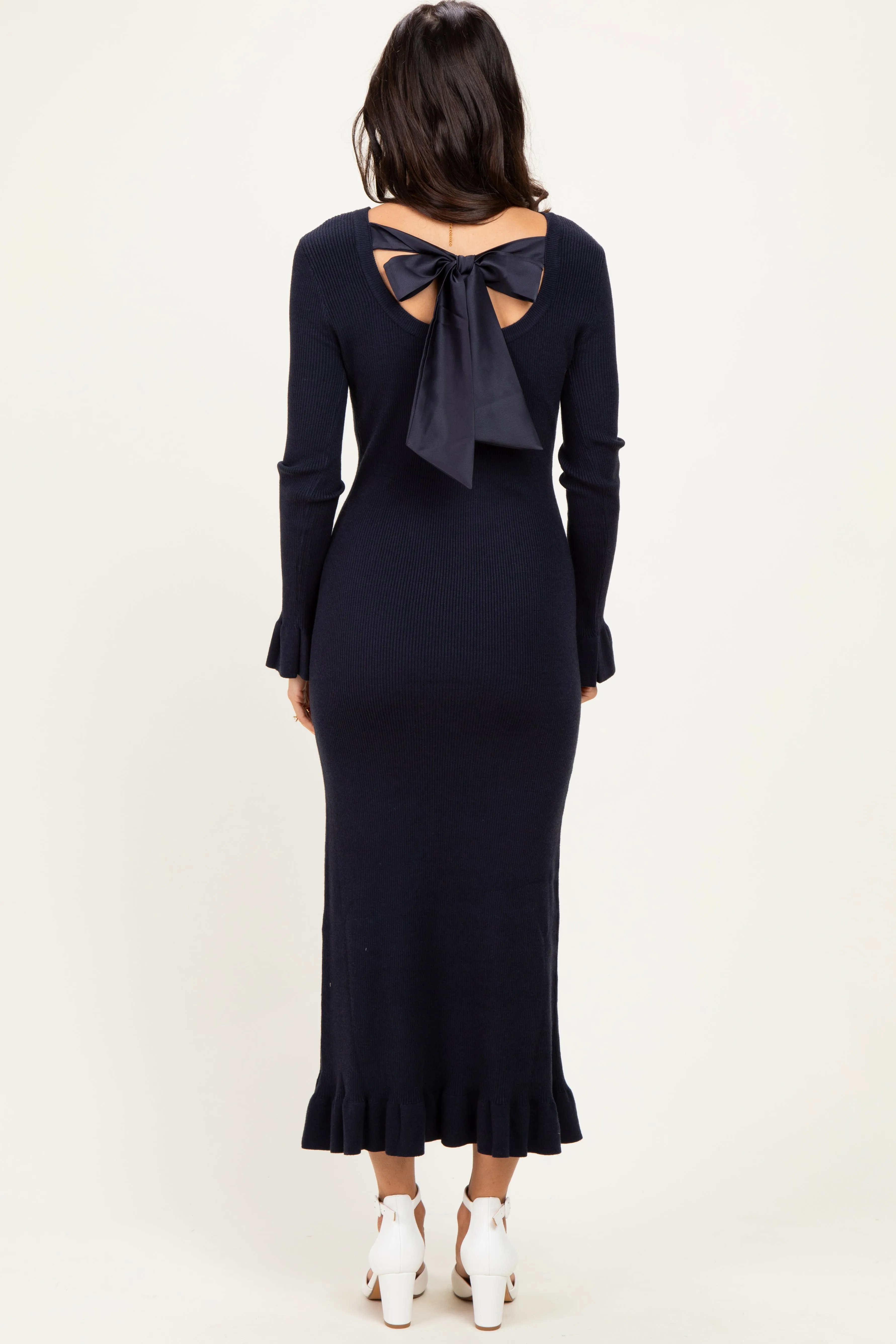 Navy Ribbed Long Sleeve Sweater Midi Dress sold by Pinkblush product image thumbnail 4