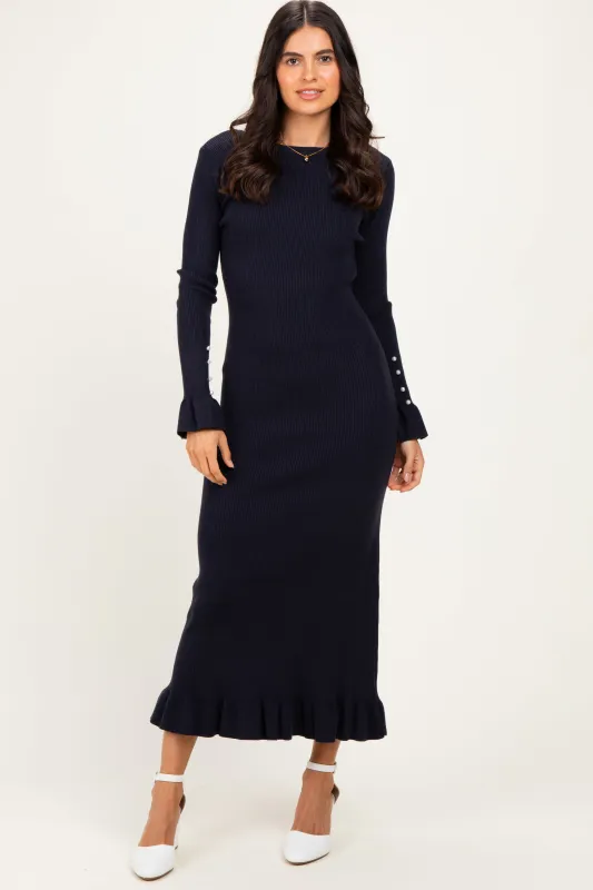 Navy Ribbed Long Sleeve Sweater Midi Dress made by Able