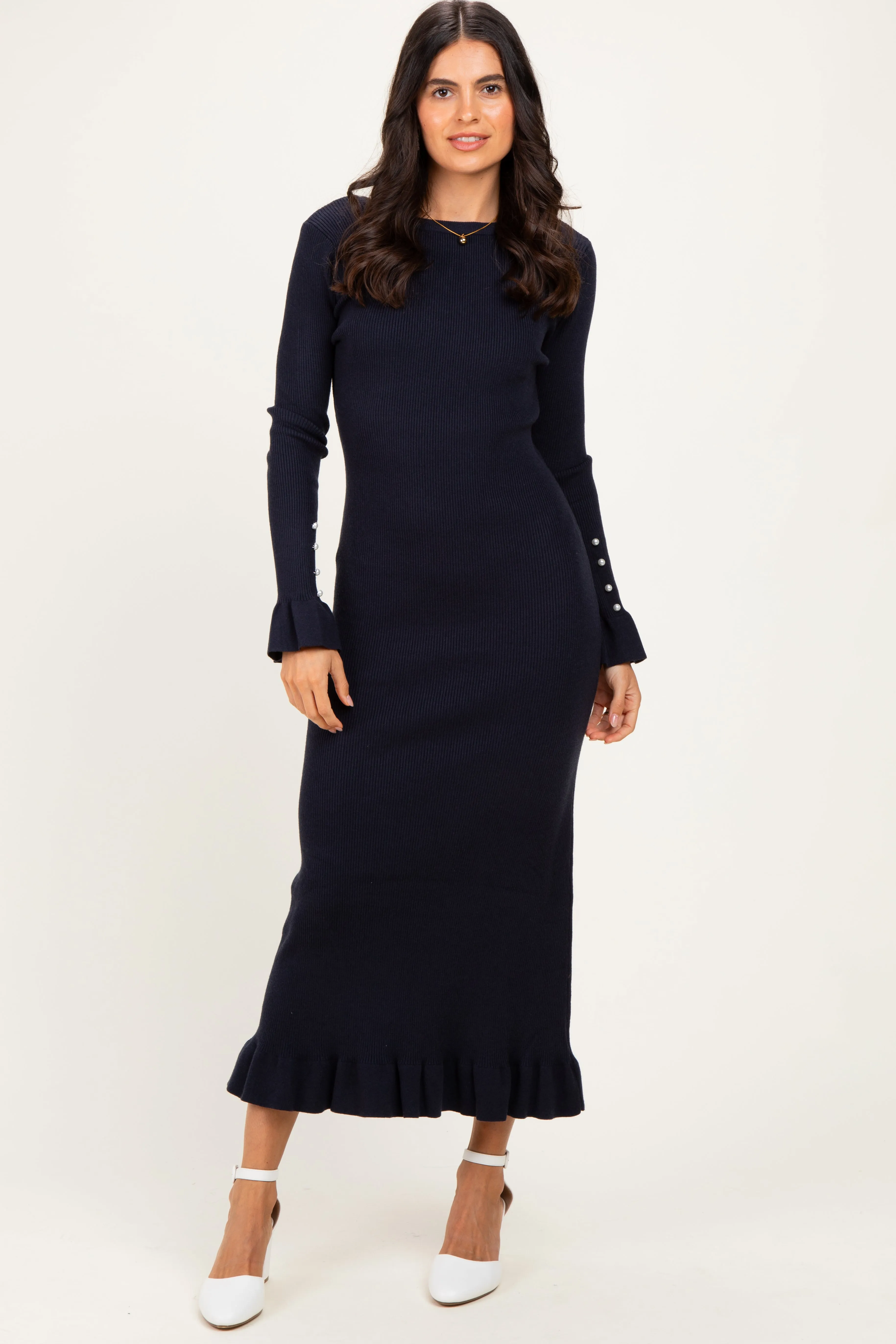 Navy Ribbed Long Sleeve Sweater Midi Dress sold by Pinkblush