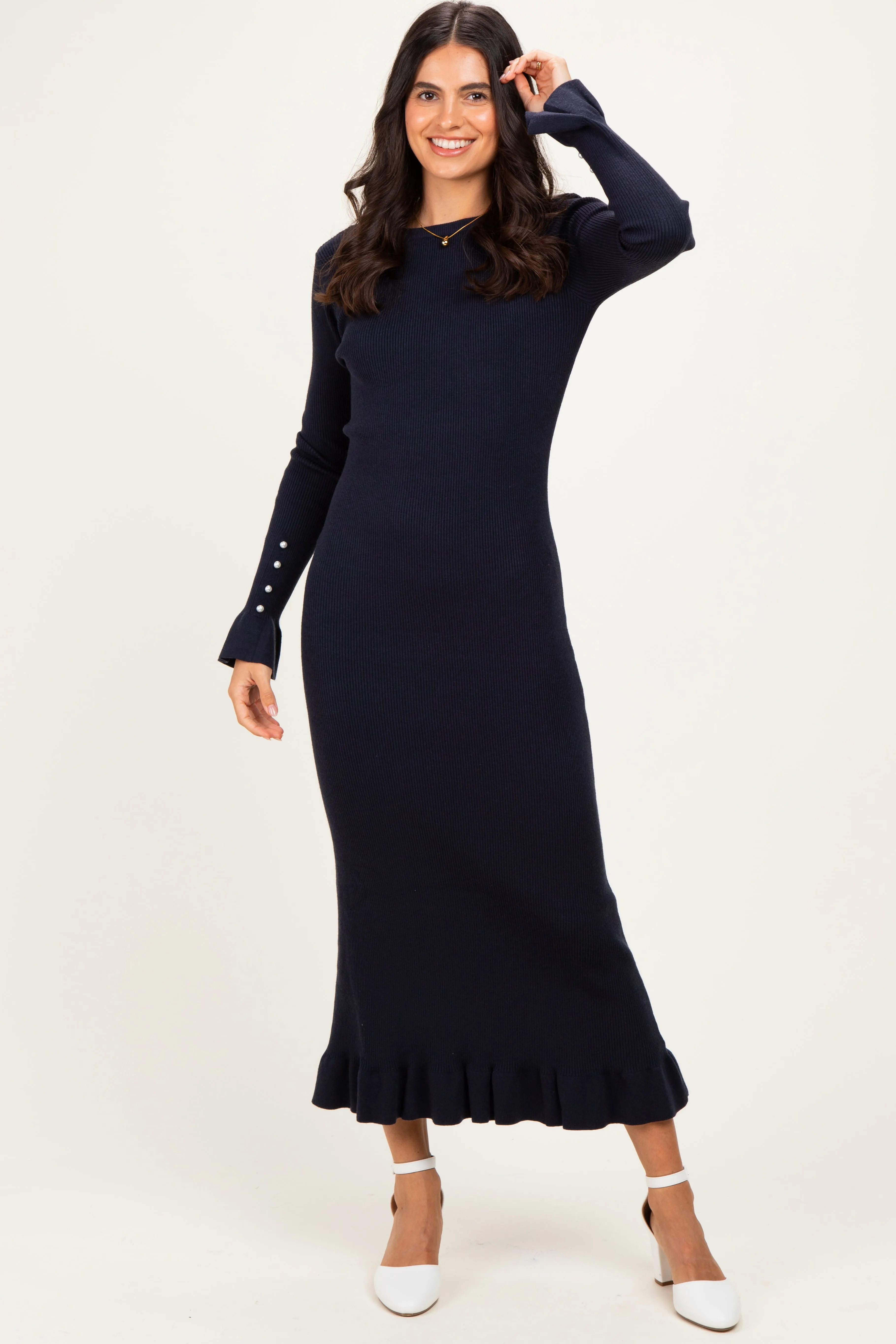Navy Ribbed Long Sleeve Sweater Midi Dress sold by Pinkblush product image thumbnail 2