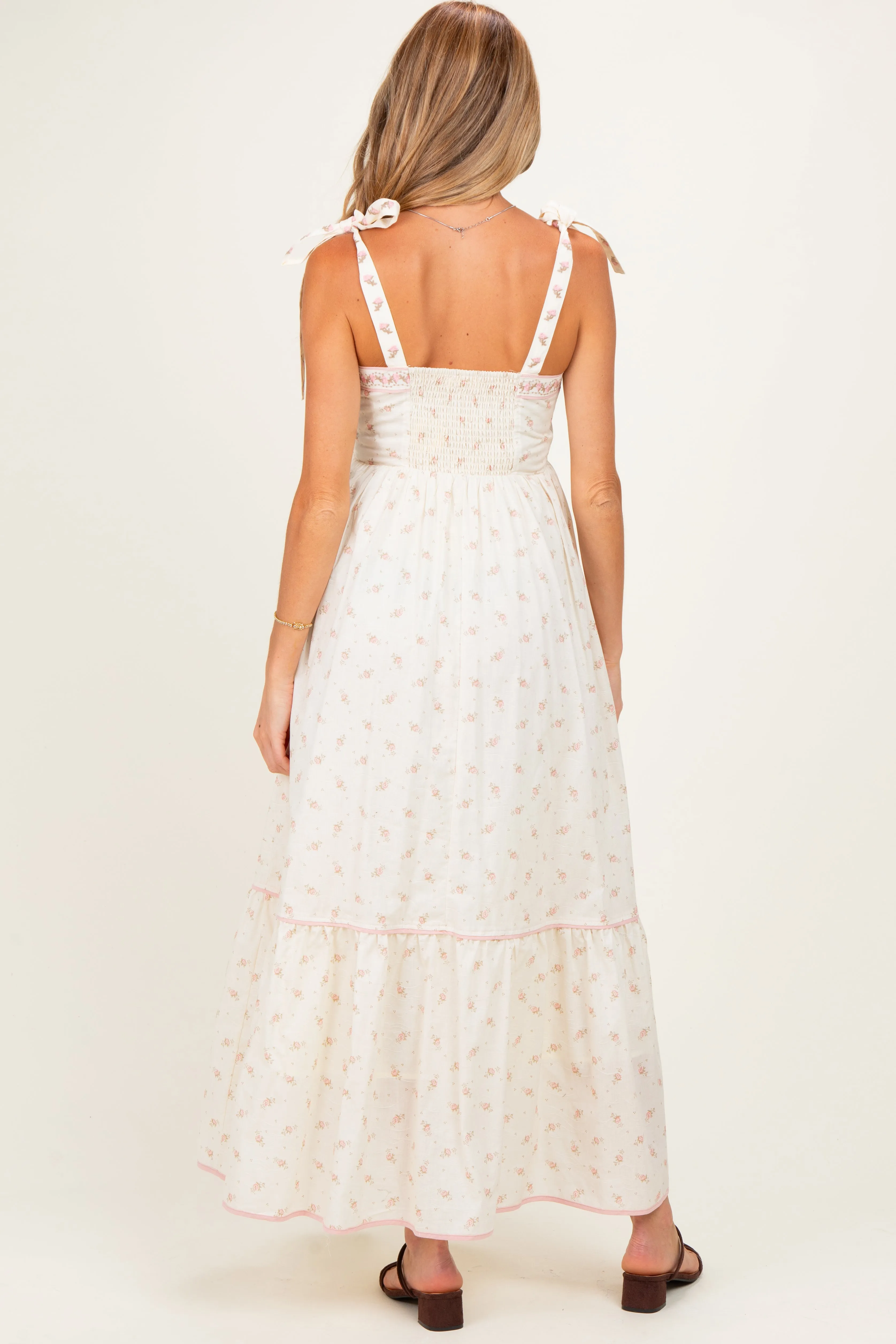 Creme Peony Floral Shoulder Tie Maternity Maxi Dress sold by Pinkblush product image thumbnail 3