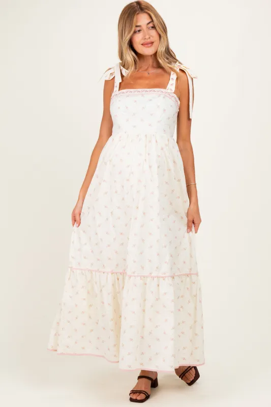 Creme Peony Floral Shoulder Tie Maternity Maxi Dress made by Inloom