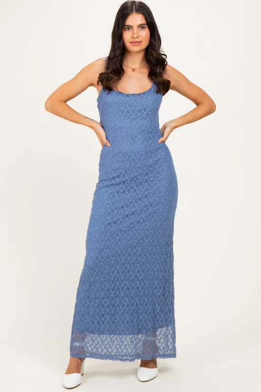 Blue Sleeveless Lace Square Neck Maxi Dress made by Pinkblush