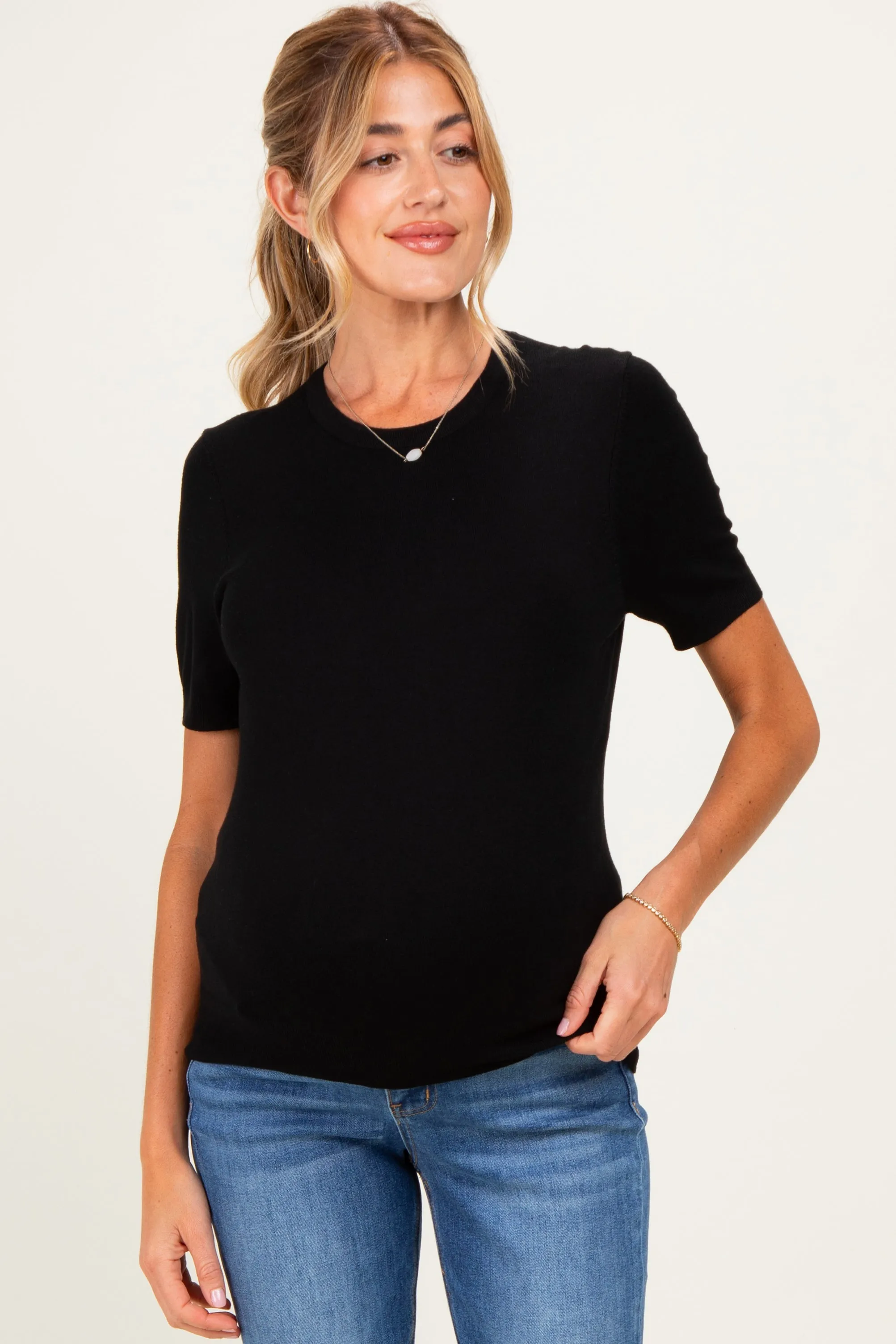 Black Basic Short Sleeve Maternity Sweater Top sold by Pinkblush product image thumbnail 2
