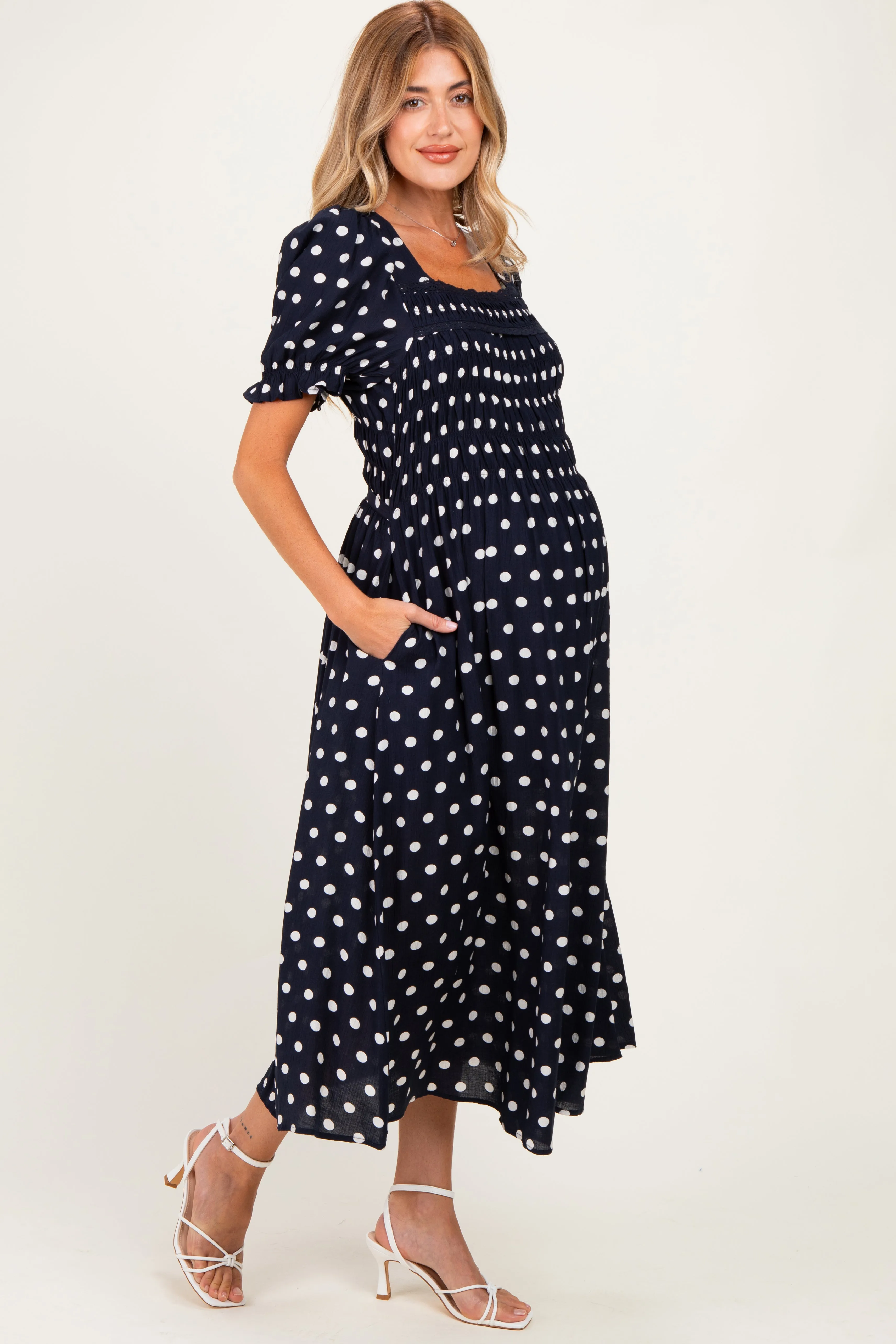 Navy Polka Dot Smocked Maternity Midi Dress sold by Pinkblush product image thumbnail 2