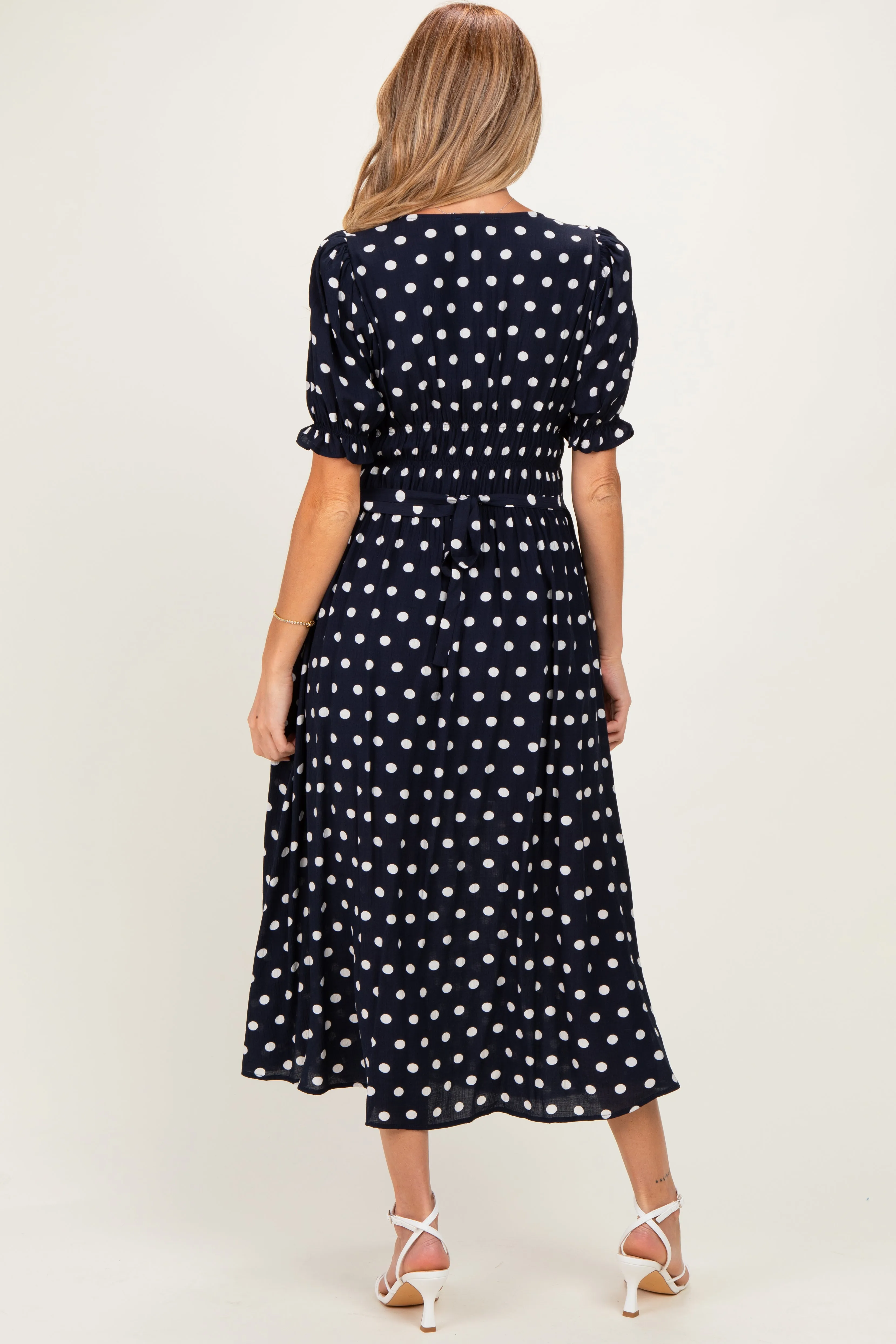 Navy Polka Dot Smocked Maternity Midi Dress sold by Pinkblush product image thumbnail 3