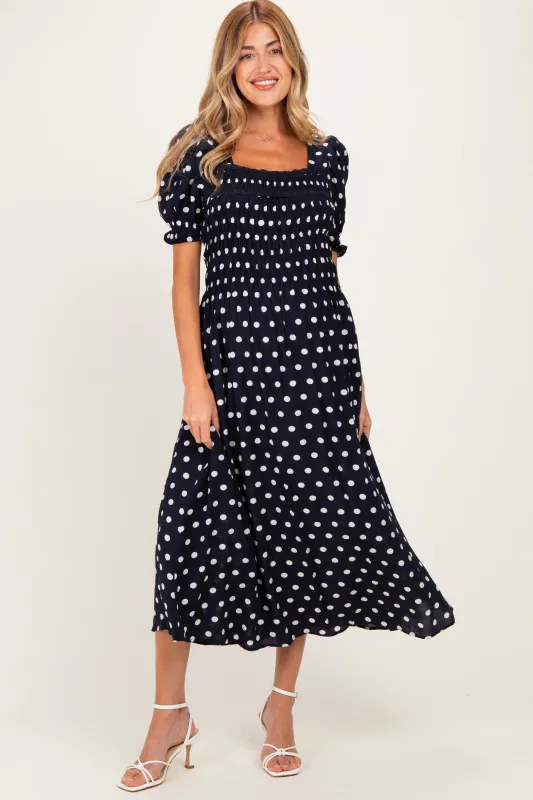Navy Polka Dot Smocked Maternity Midi Dress made by entro
