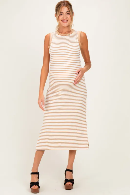 Tan Striped Solid Trim Sleeveless Maternity Midi Dress made by Blu Pepper