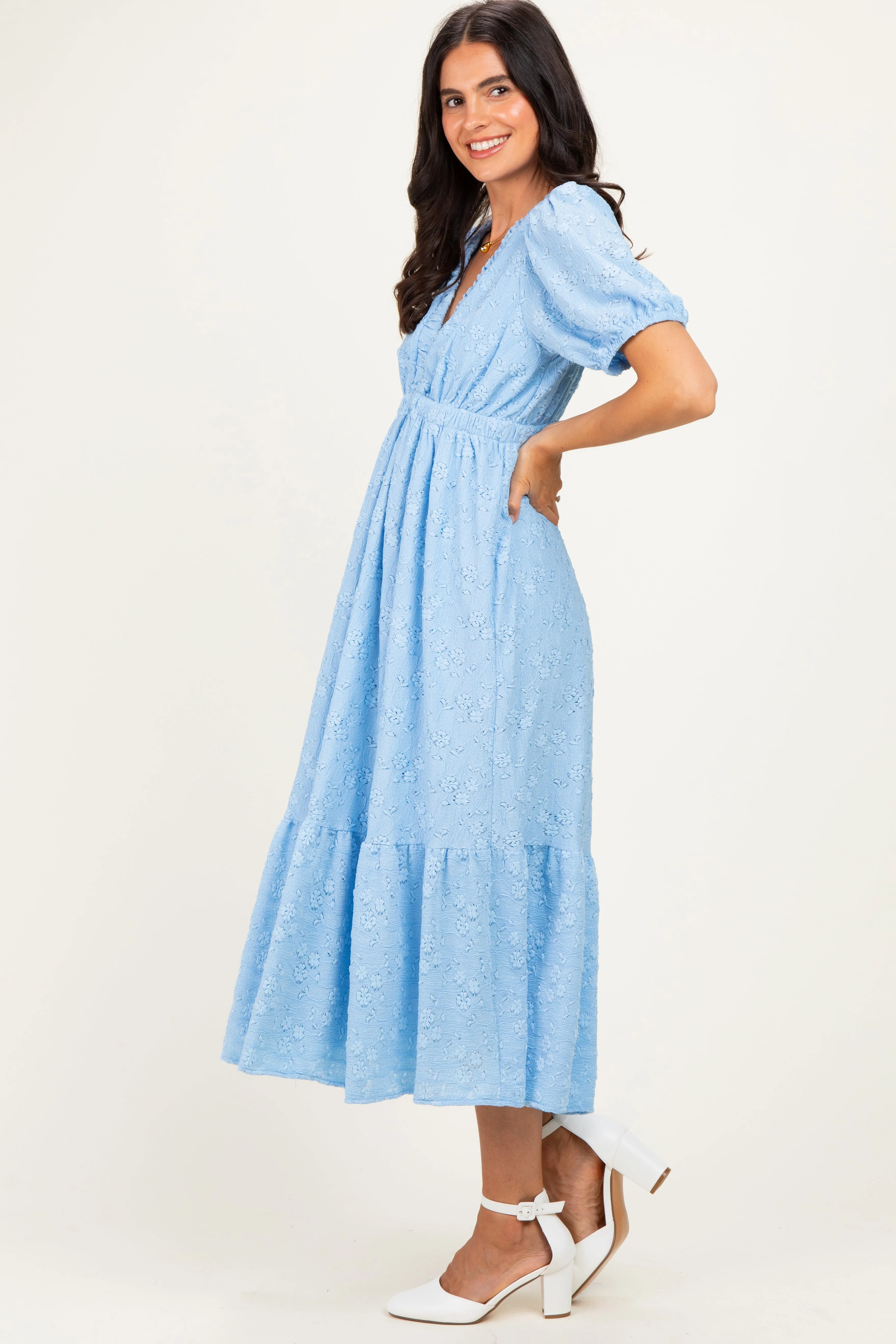Light Blue Lace V-Neck Puff Sleeve Maxi Dress sold by Pinkblush product image thumbnail 3