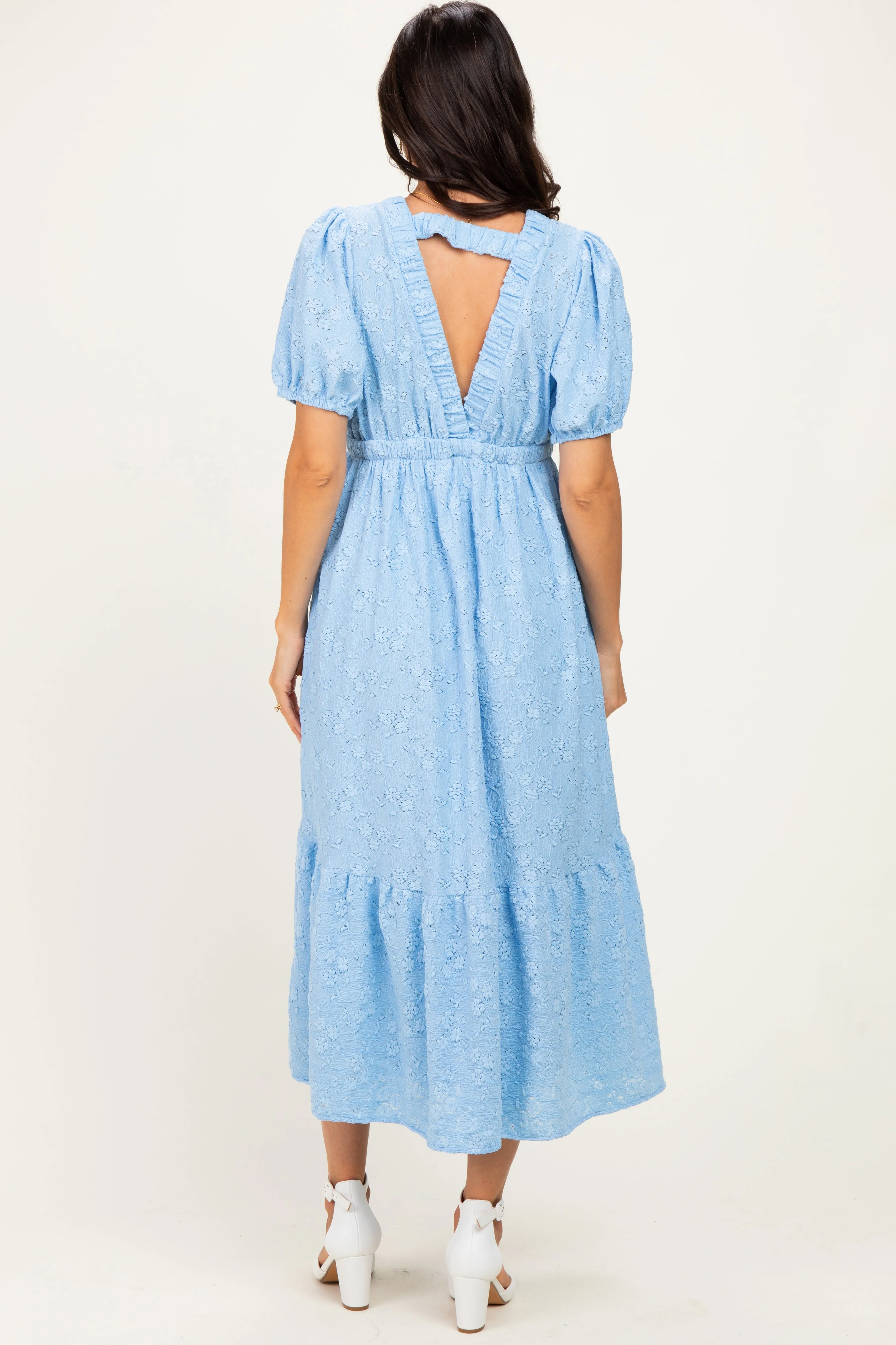 Light Blue Lace V-Neck Puff Sleeve Maxi Dress sold by Pinkblush product image thumbnail 4