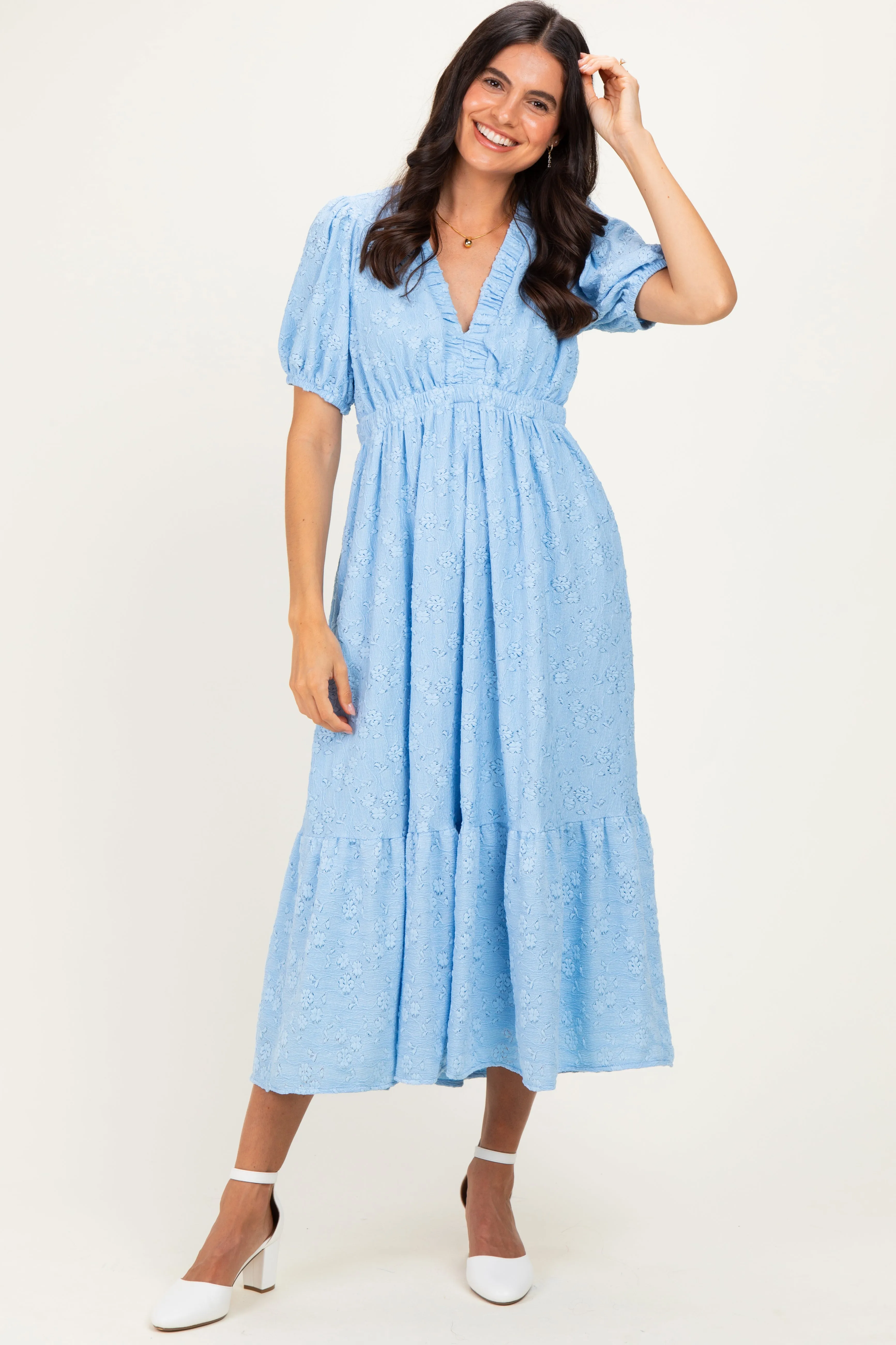 Light Blue Lace V-Neck Puff Sleeve Maxi Dress sold by Pinkblush