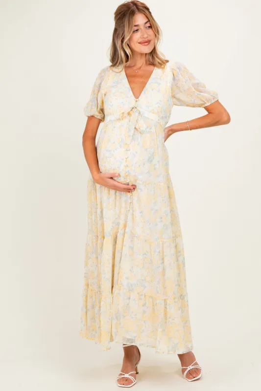 Daffodil Floral Button Down Front Tie Maternity Maxi Dress made by Inloom