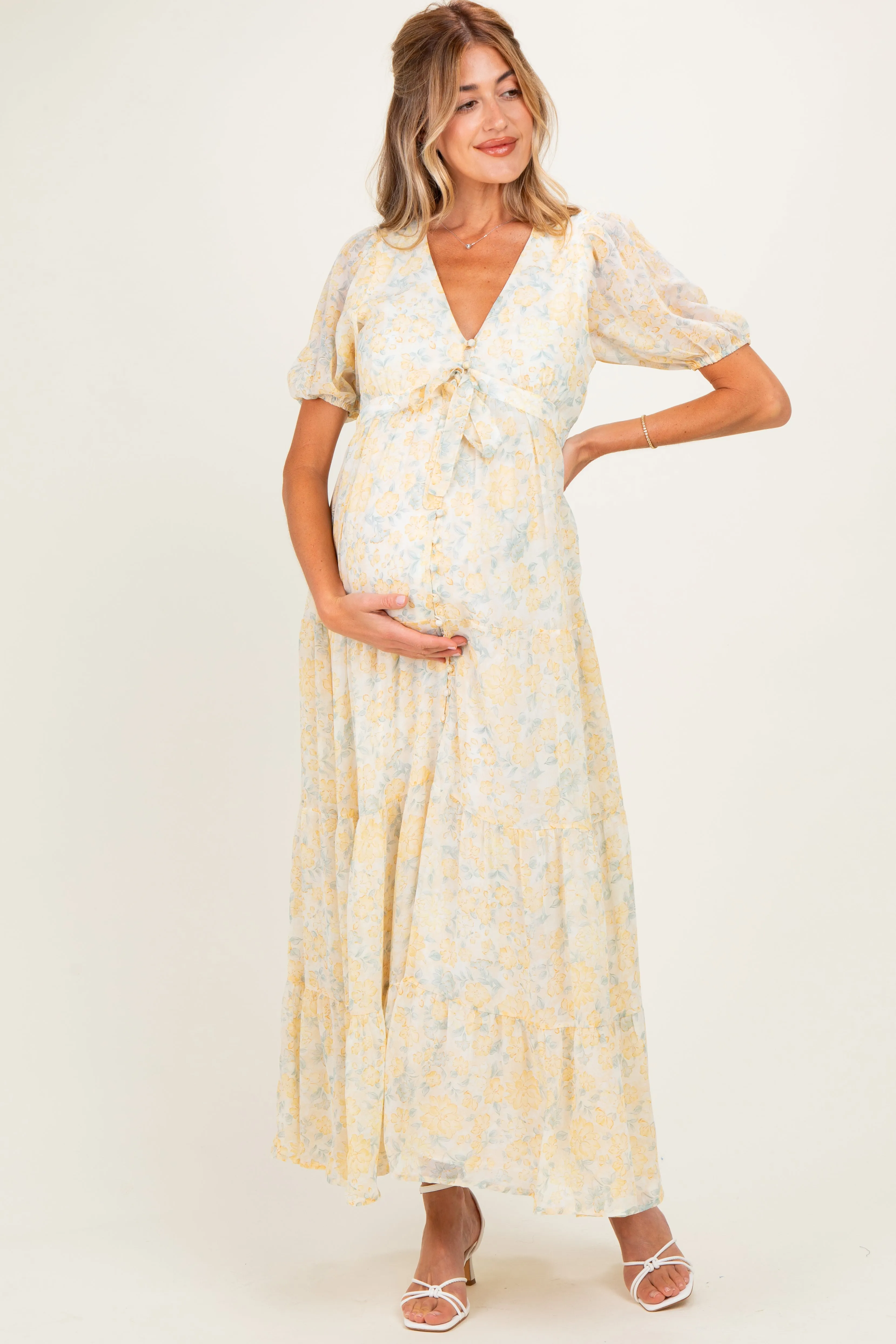 Daffodil Floral Button Down Front Tie Maternity Maxi Dress sold by Pinkblush