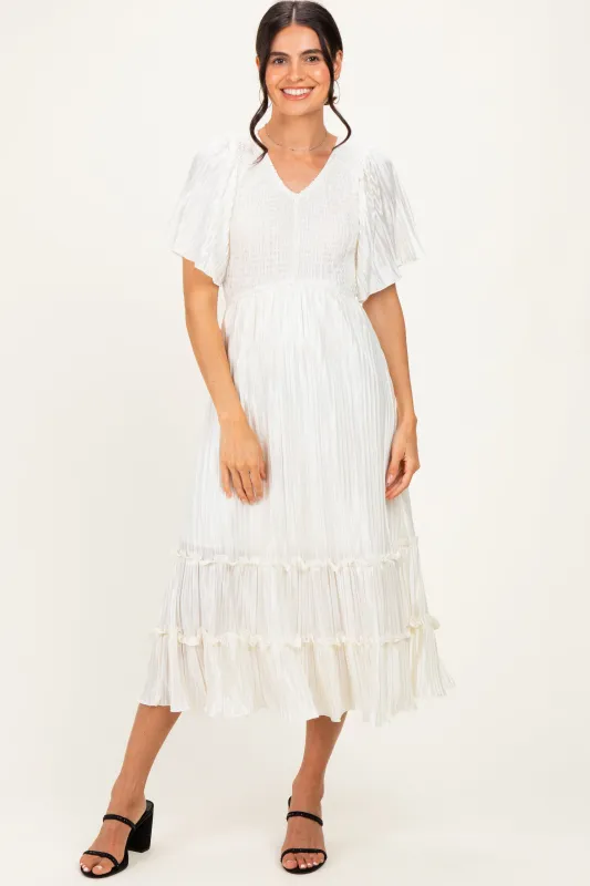 Cream Pleated Satin Smocked Midi Dress made by Pinkblush