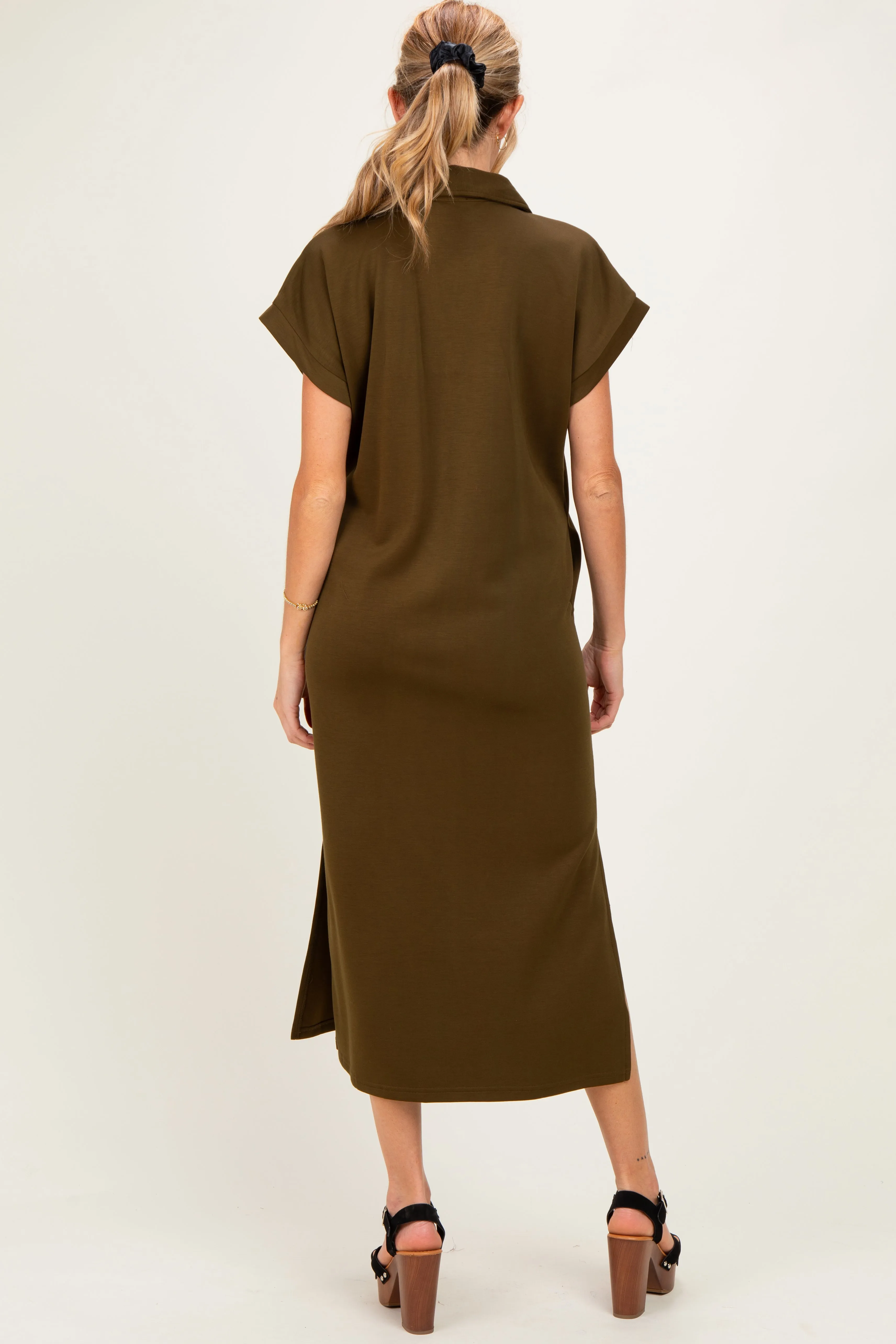 Olive Collared Short Sleeve Maternity Midi Dress sold by Pinkblush product image thumbnail 4