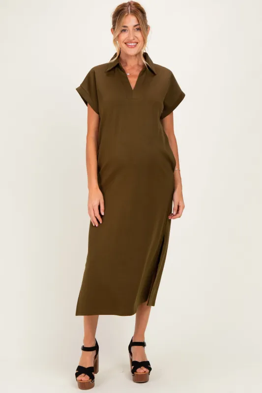 Olive Collared Short Sleeve Maternity Midi Dress made by entro