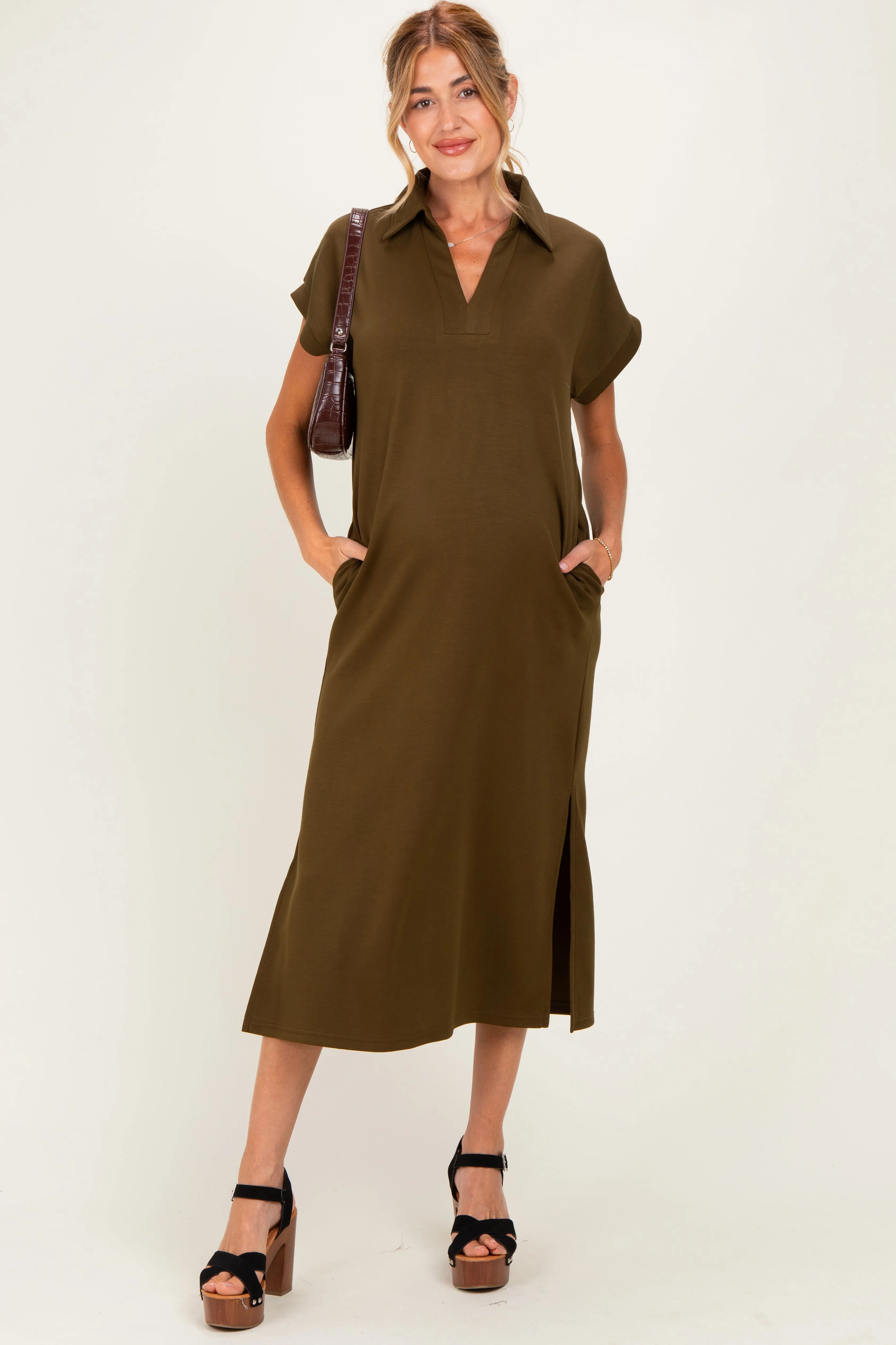 Olive Collared Short Sleeve Maternity Midi Dress sold by Pinkblush product image thumbnail 2