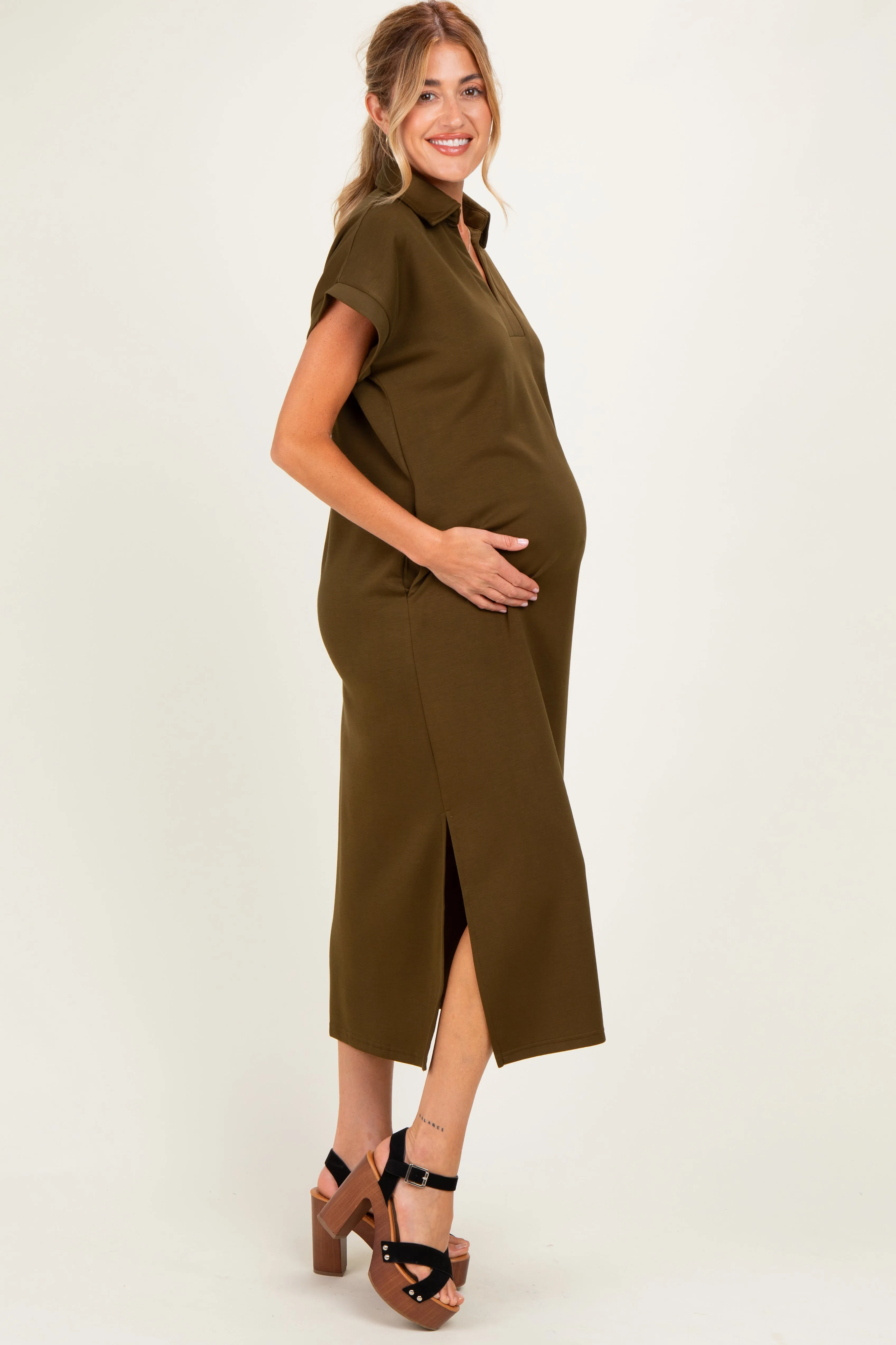 Olive Collared Short Sleeve Maternity Midi Dress sold by Pinkblush product image thumbnail 3