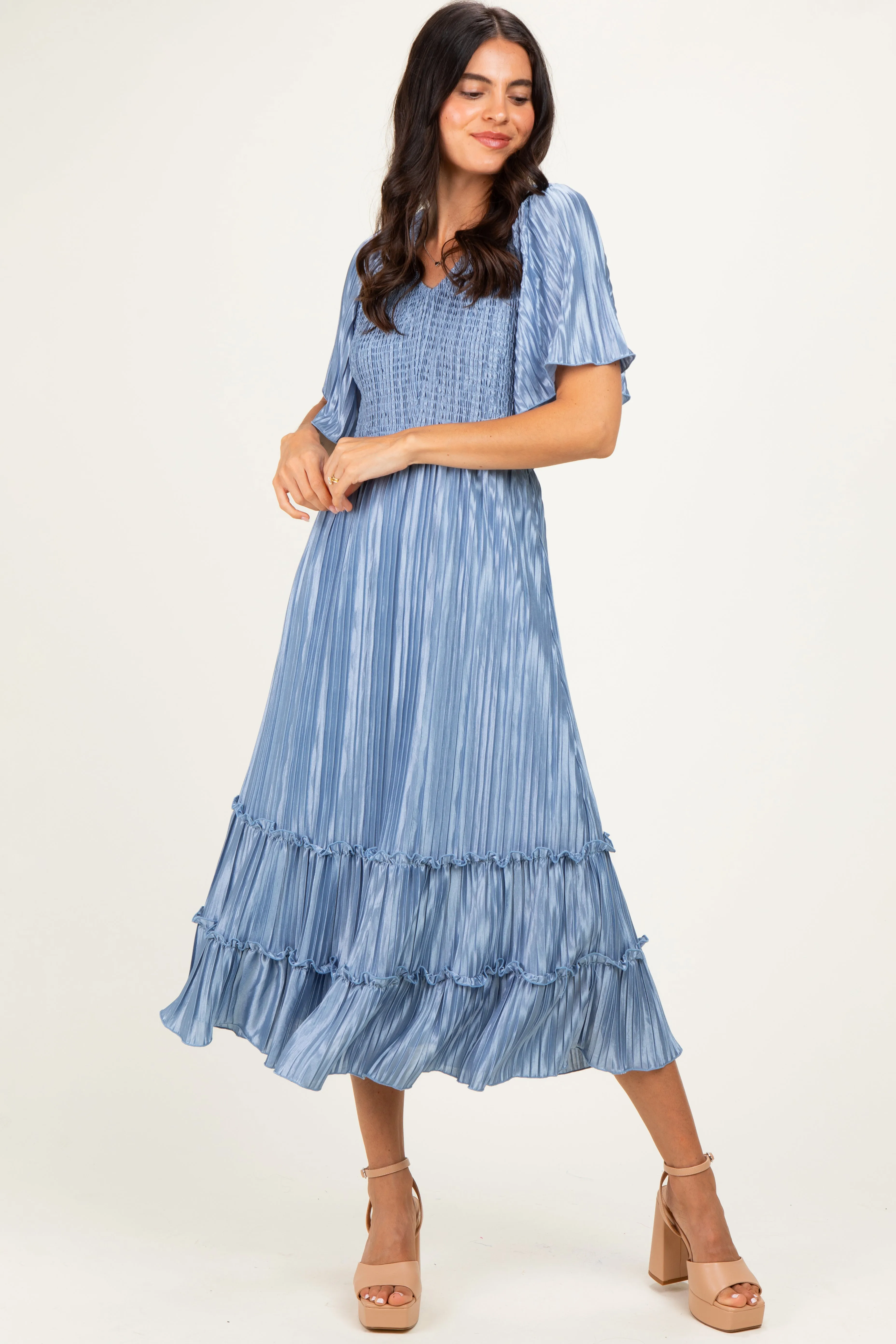 Blue Pleated Satin Smocked Midi Dress sold by Pinkblush product image thumbnail 2