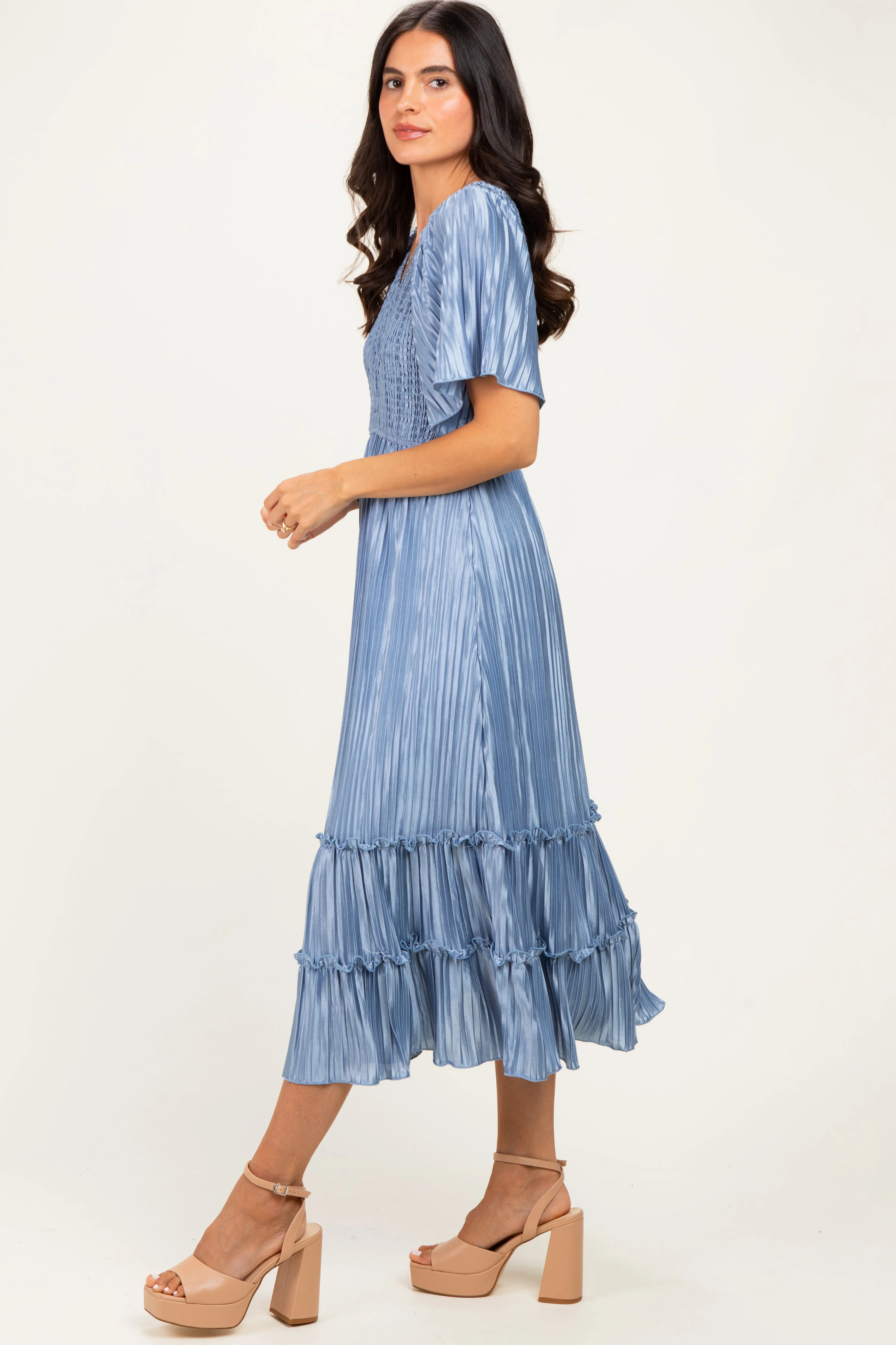 Blue Pleated Satin Smocked Midi Dress sold by Pinkblush product image thumbnail 3