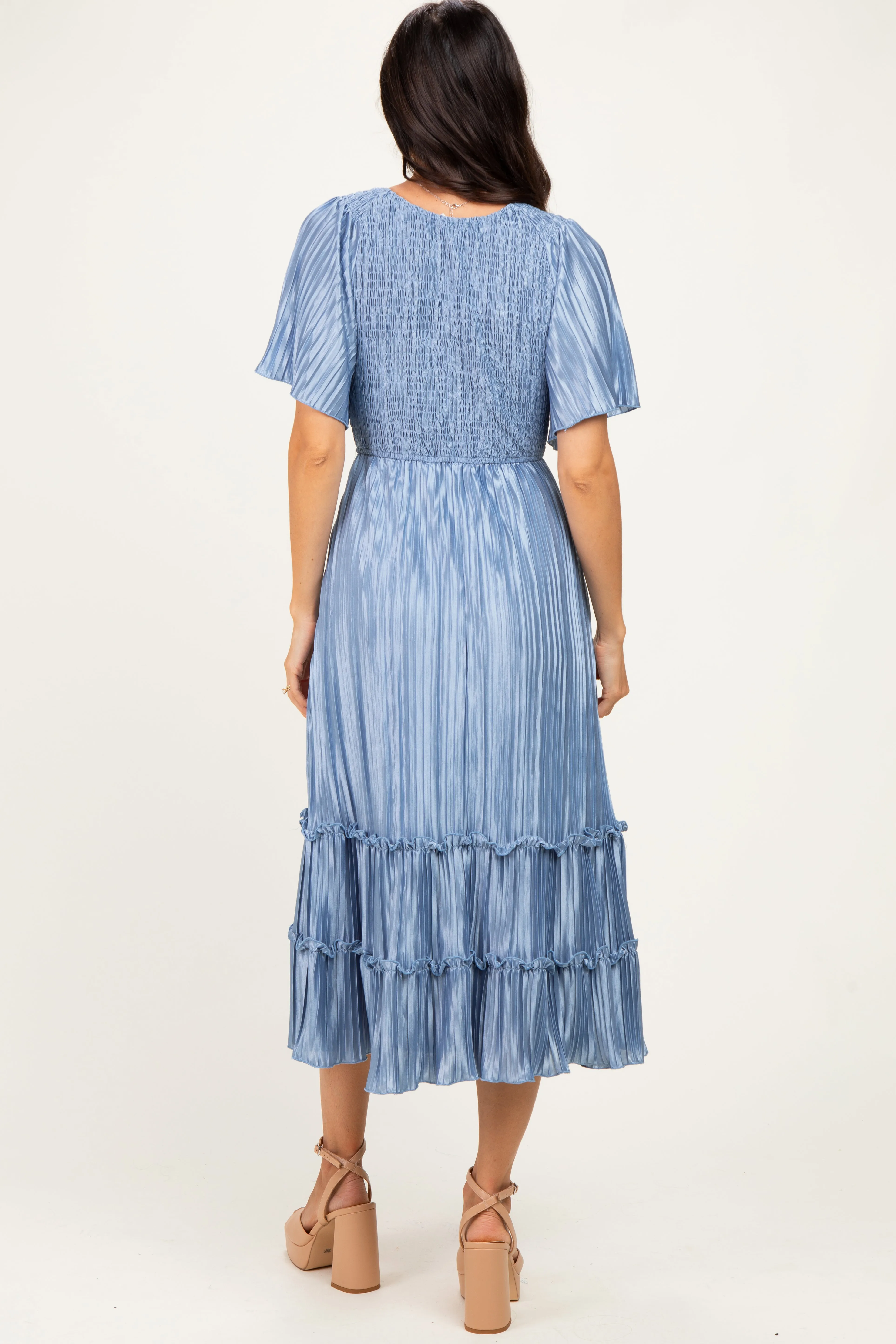 Blue Pleated Satin Smocked Midi Dress sold by Pinkblush product image thumbnail 4