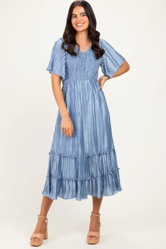 Blue Pleated Satin Smocked Midi Dress made by Pinkblush