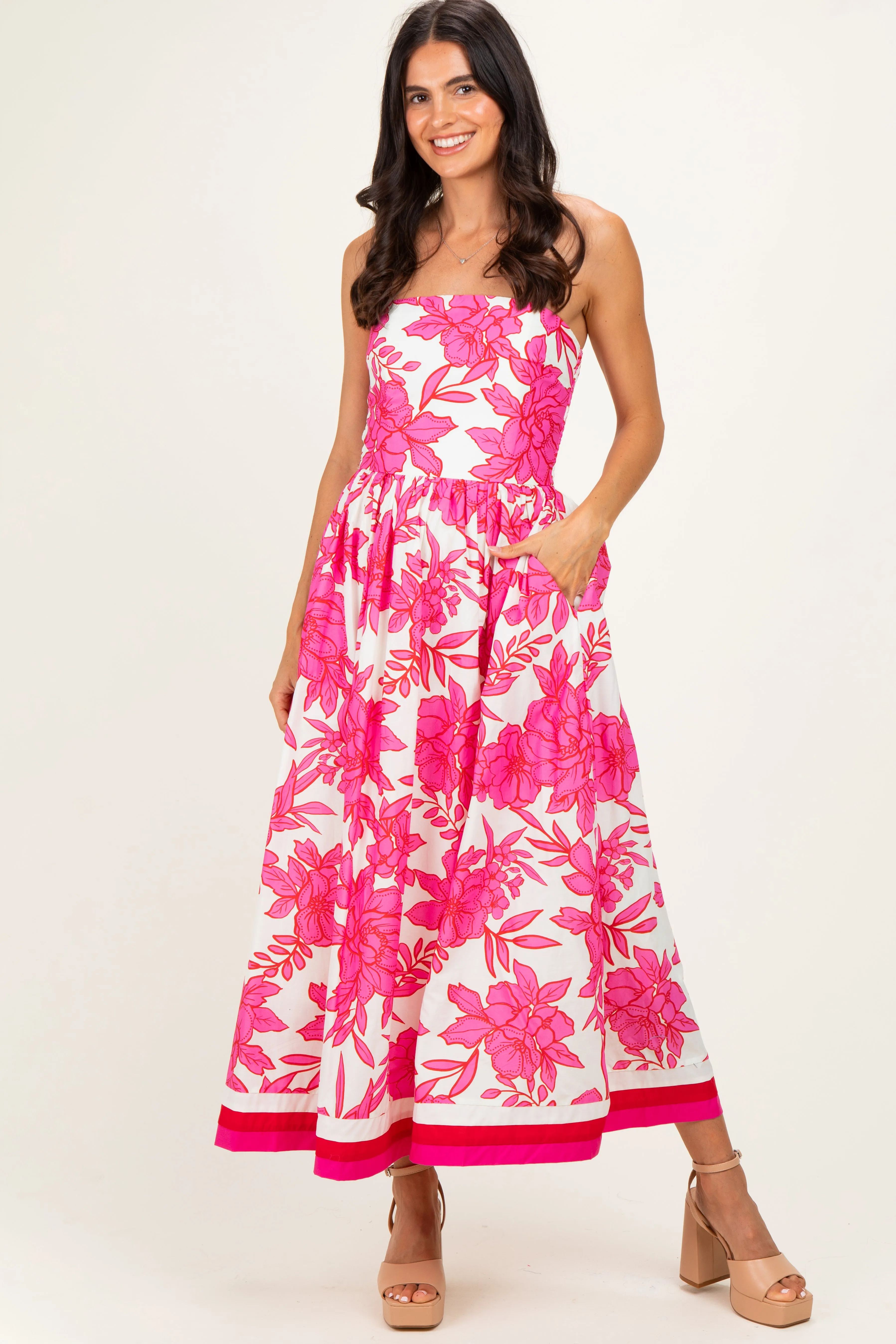 Pink Floral Strapless Midi Dress sold by Pinkblush product image thumbnail 2