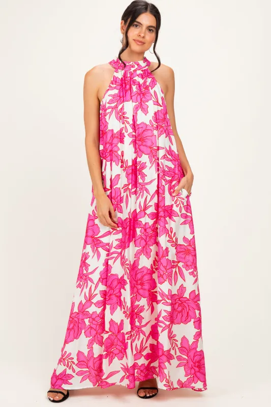 Pink Floral Halter Maxi Dress made by entro