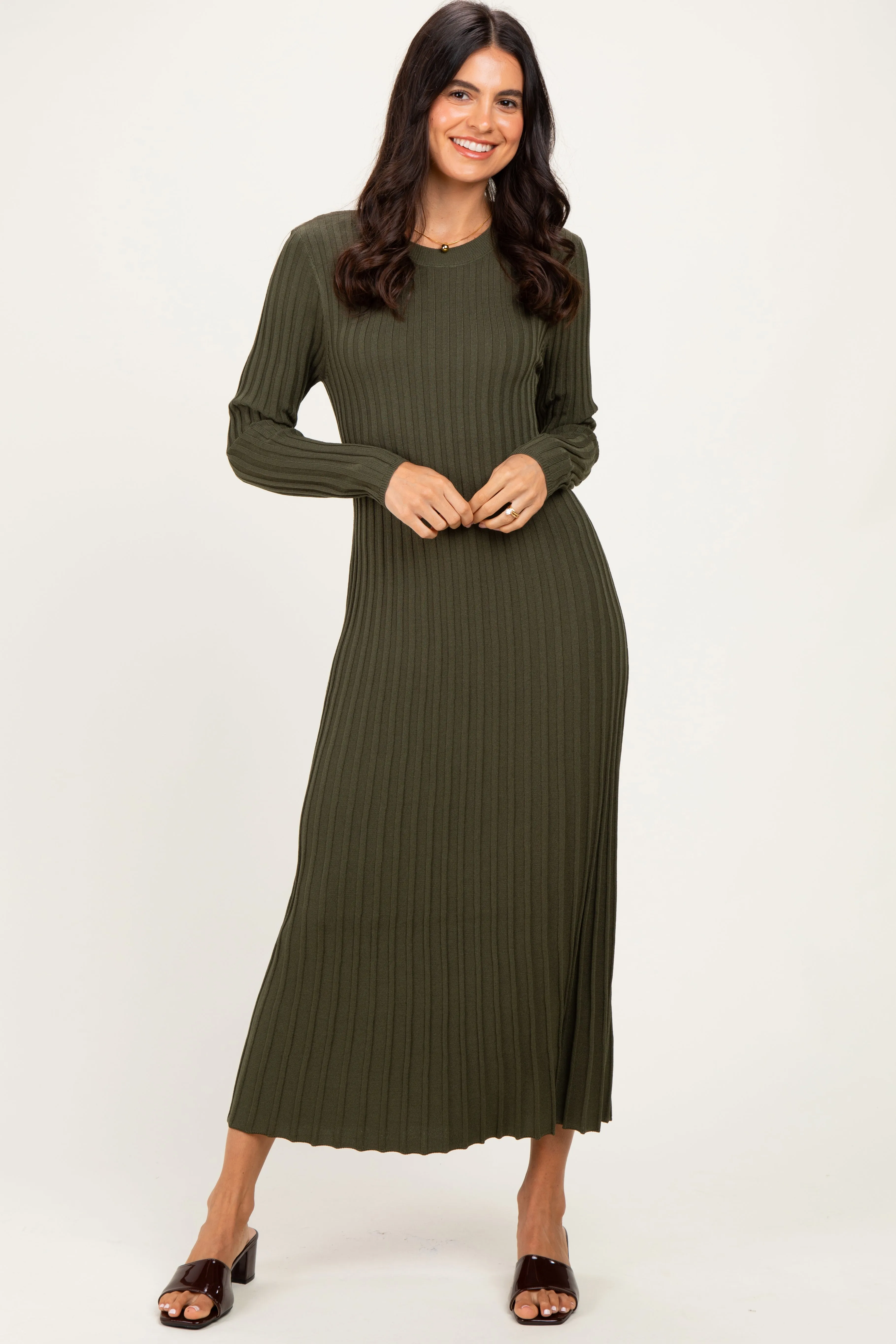 Olive Ribbed Long Sleeve Sweater Midi Dress sold by Pinkblush product image thumbnail 2