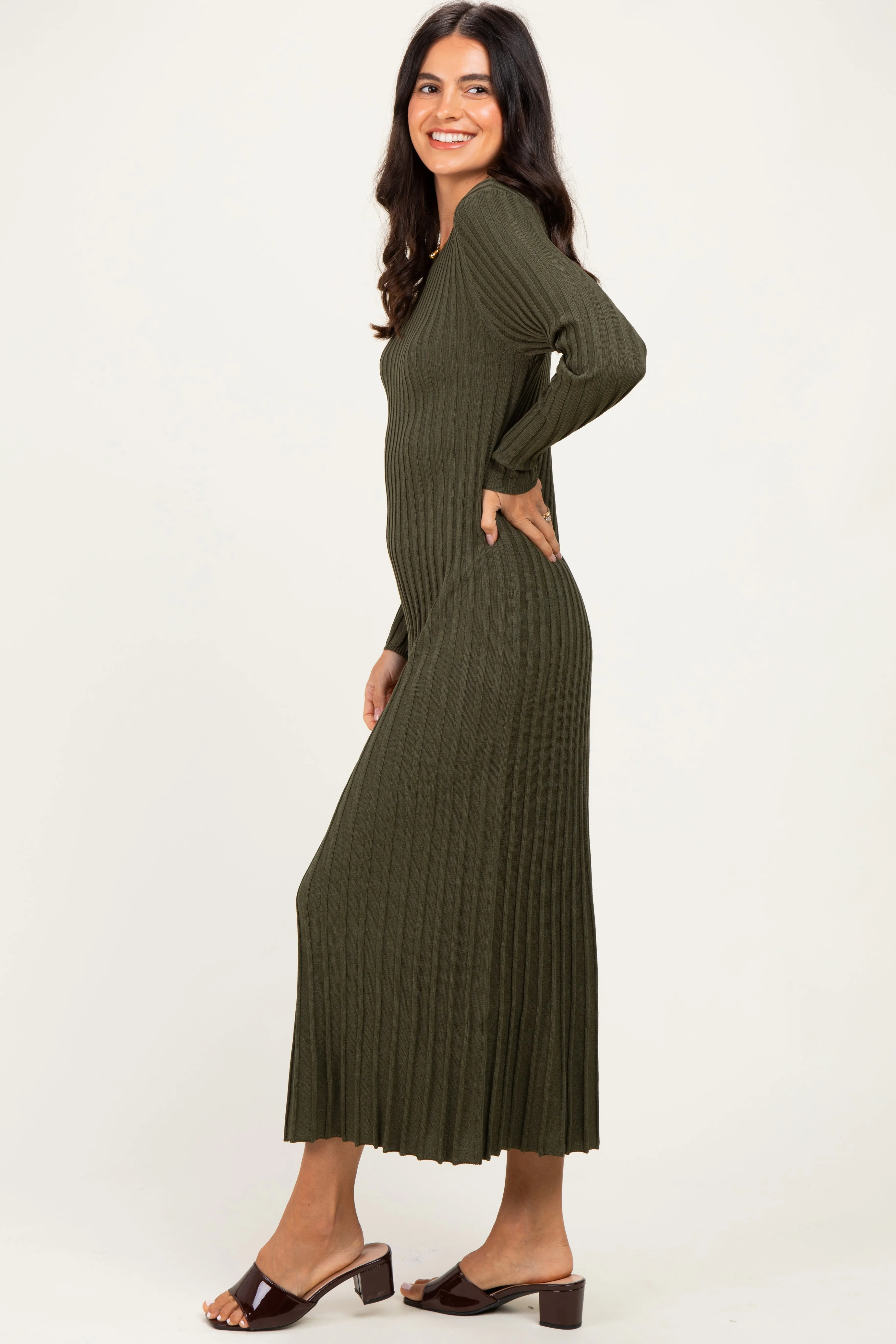 Olive Ribbed Long Sleeve Sweater Midi Dress sold by Pinkblush product image thumbnail 3
