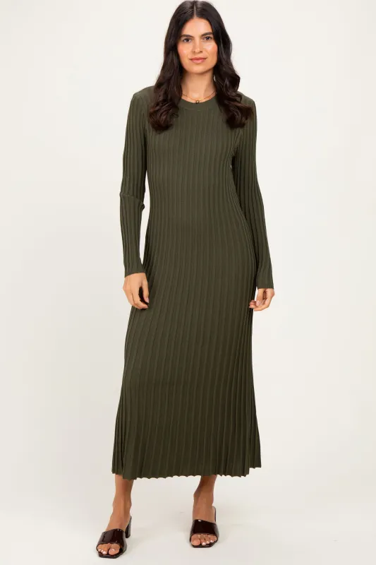 Olive Ribbed Long Sleeve Sweater Midi Dress made by Able