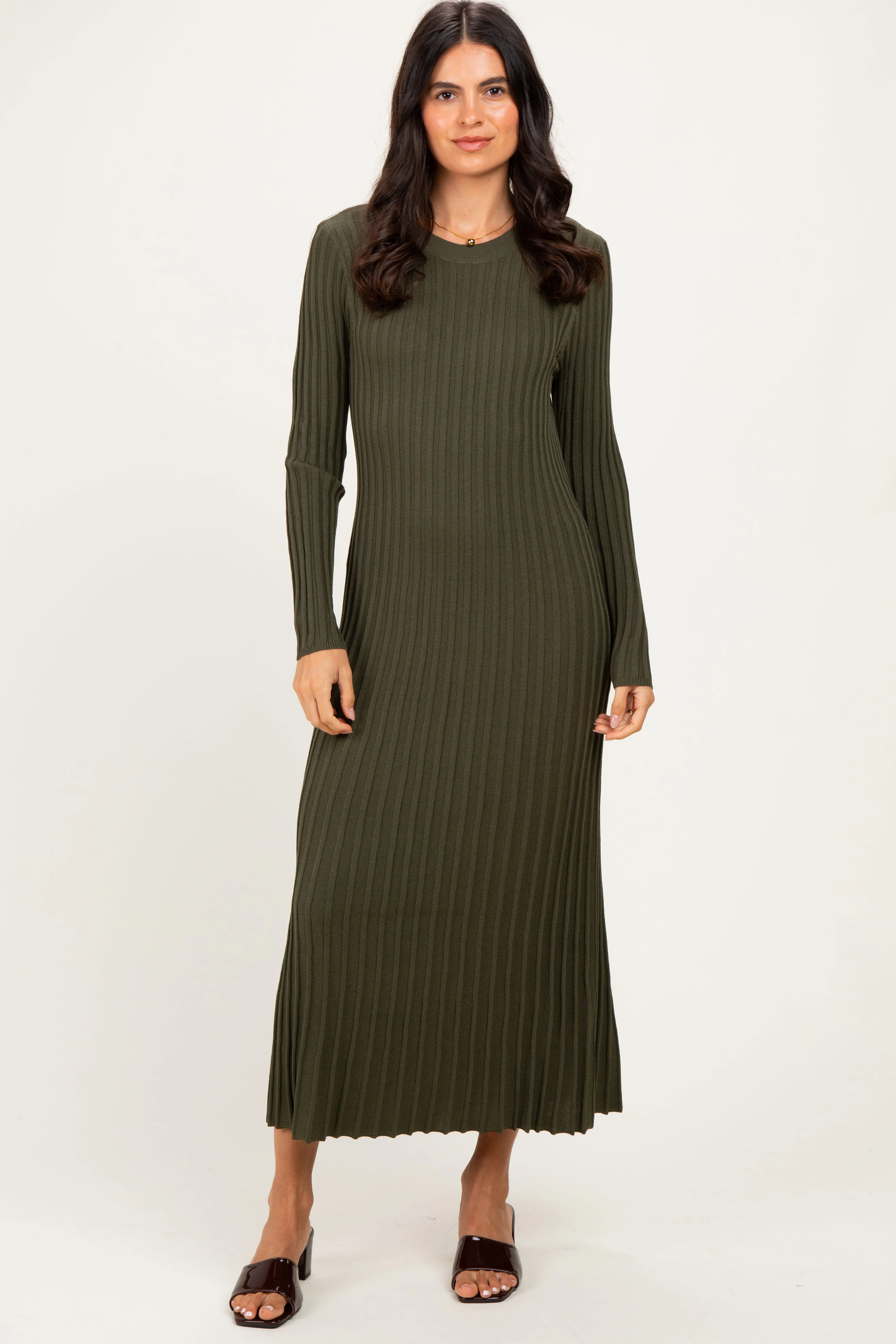 Olive Ribbed Long Sleeve Sweater Midi Dress sold by Pinkblush