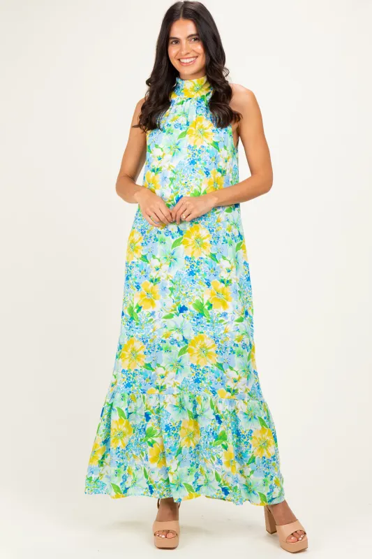 Blue Floral Halter Maxi Dress made by entro