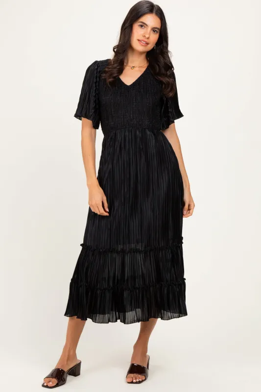 Black Pleated Satin Smocked Midi Dress made by Pinkblush